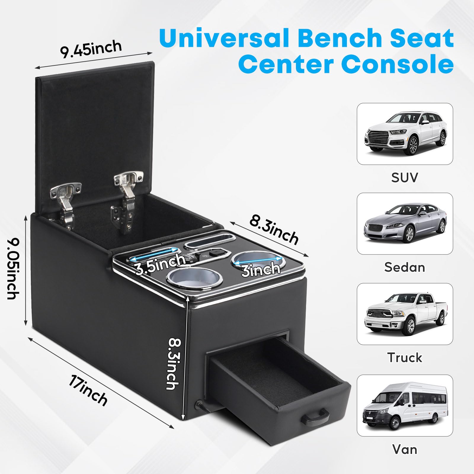Universal Car Bench Seat Center Console Organizer with Fast Wireless Charging & 7-Color Adjustable LED Lights - Black | Perfect for Road Trips, Camping & SUV Organization