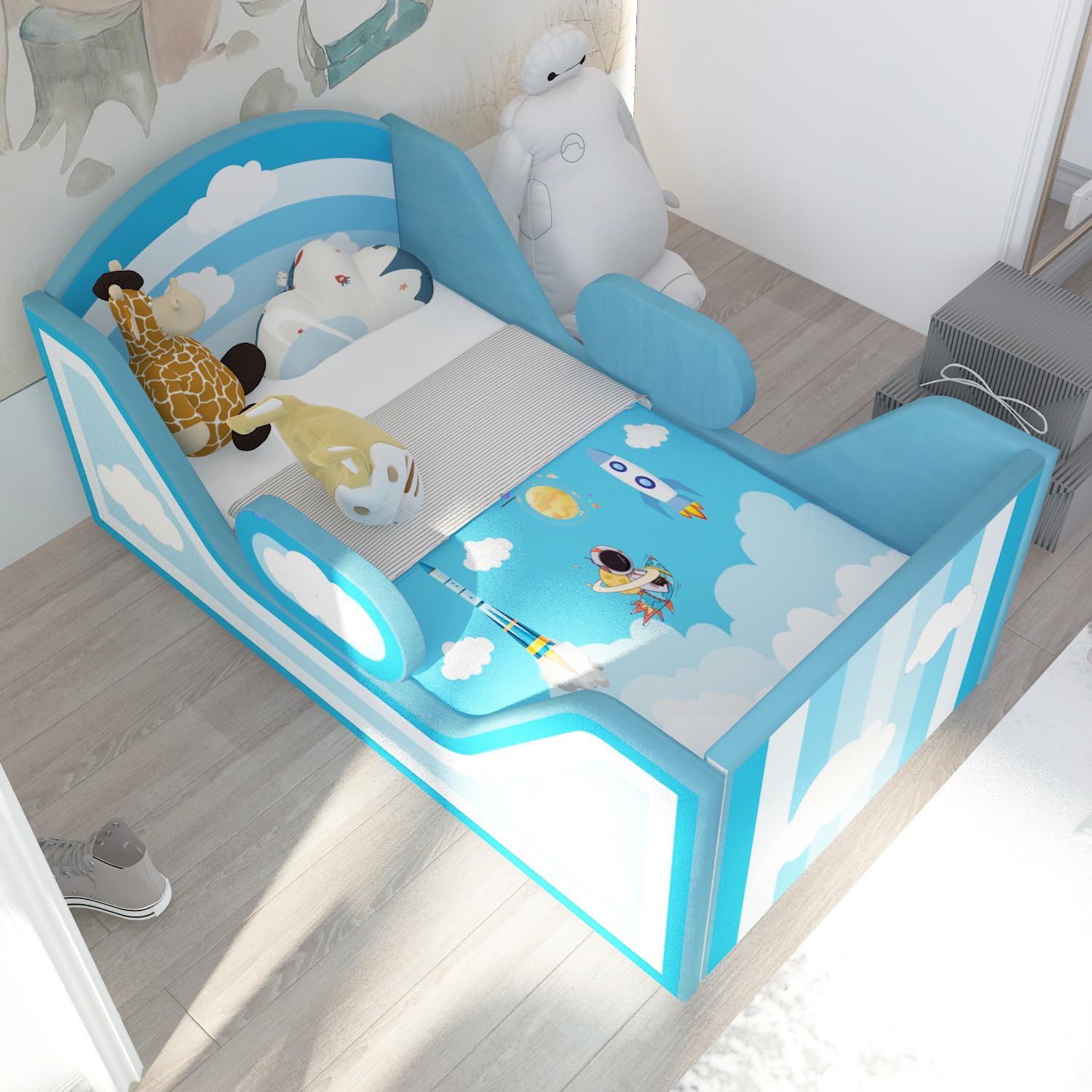 Round Toddler Bed with Safety Rail & Upholstered Headboard - Standard Crib Size Floor Bed for Kids 18 Months to 6 Years (Sky Blue, No Mattress Included) | Perfect for Montessori Bedrooms, Daycare Centers & Safe Sleep Training