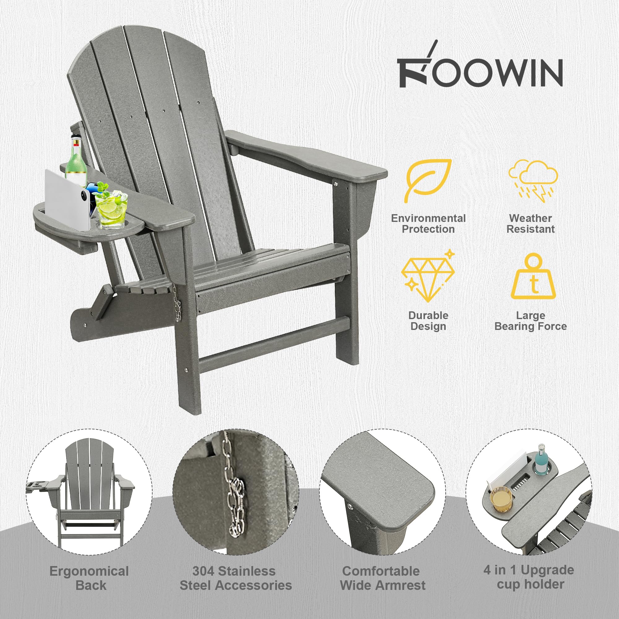 FOOWIN HDPE Folding Adirondack Chair - All-Weather Resistant Outdoor Patio Furniture with 4-in-1 Cup Holder Trays - Perfect for Backyard, Garden, Deck, Camping & Fire Pit Gatherings (Grey)