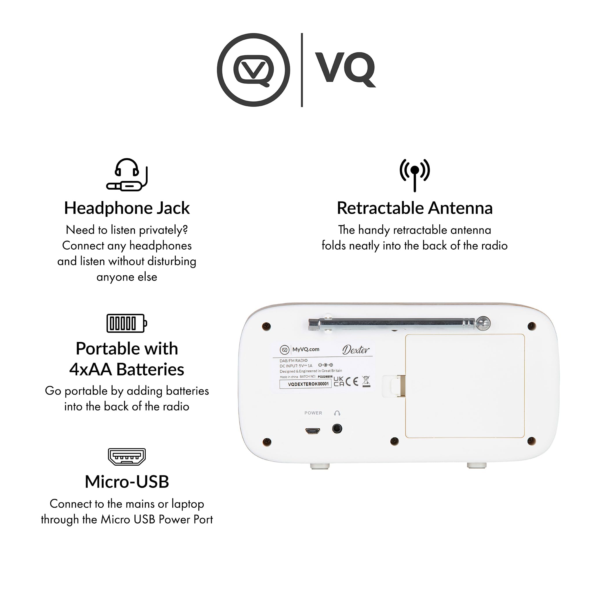 VQ Dexter Portable DAB+ FM Radio with Auto Scan - 60 Presets, Mains/Battery Powered, Digital Tick Approved (Oak) | Perfect for Home, Office, Travel & Outdoor Use