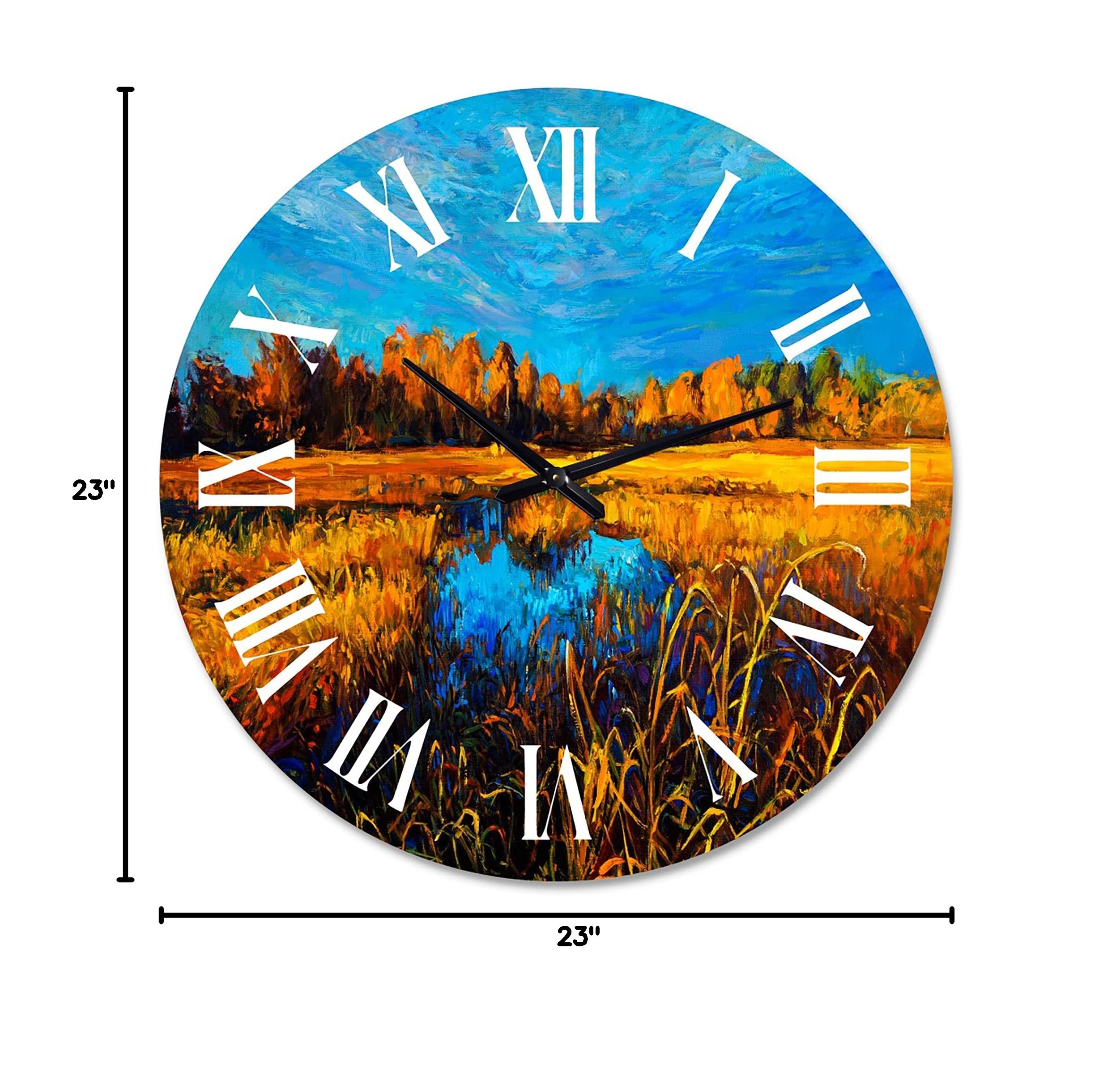 DesignQ Traditional Wall Clock - 'Orange Meadows Under A Light Blue Sky' Landscape Nature Art - Large Decorative Wall Clock for Living Room, Bedroom, Office - Perfect Home Decor Gift for Housewarming & Interior Design