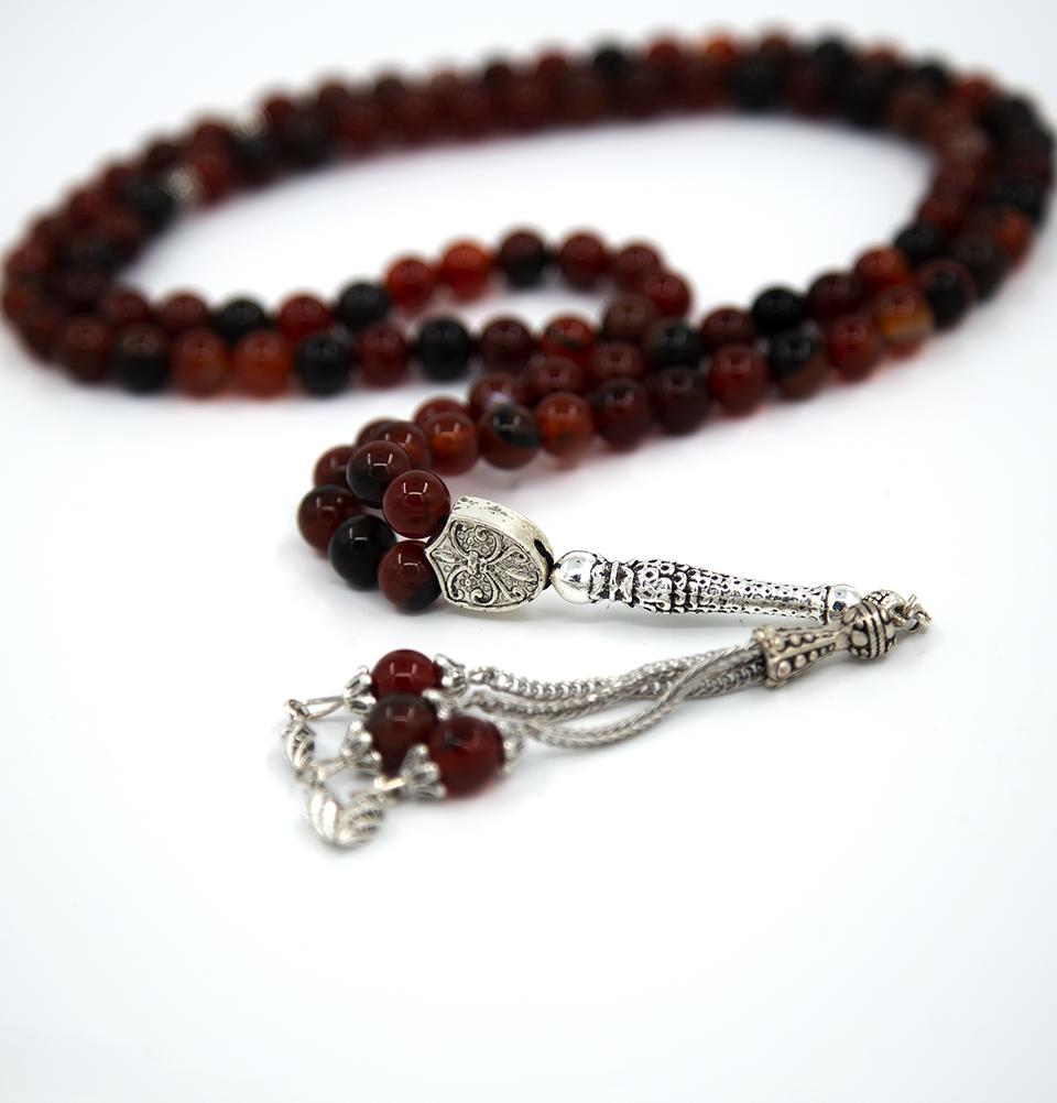 Islamic Tasbih Prayer Beads - 99 Count Multicolor Agate Stone Rosary (Brown/Red) for Muslim Worship, Meditation & Stress Relief