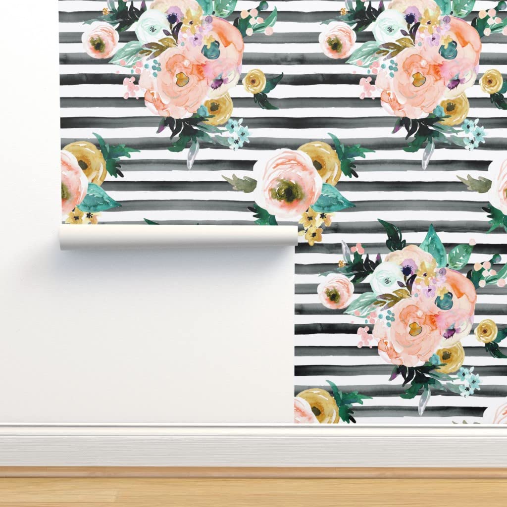 Premium Commercial Grade Wallpaper Swatch - Black Watercolor Stripe & Peach Rose Floral Design | Vintage Pastel Traditional Wallpaper by Spoonflower | Perfect for Home Decor, Nursery, Living Room & Office Spaces