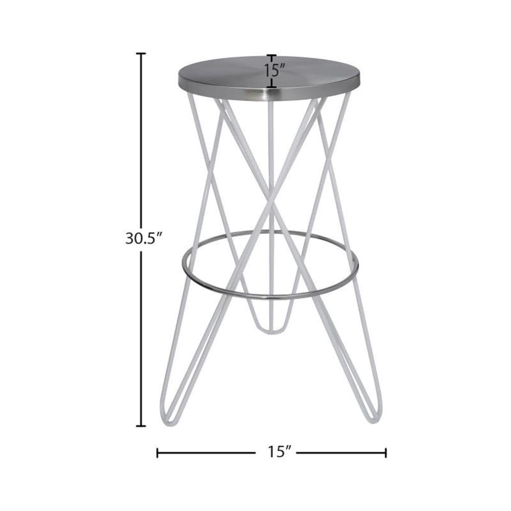 Modern Iron Bar Stool - Brushed Silver Finish & White Powder Coating | Meridian Furniture 948White Mercury Collection | Perfect for Kitchen Islands, Breakfast Bars & Contemporary Dining Areas