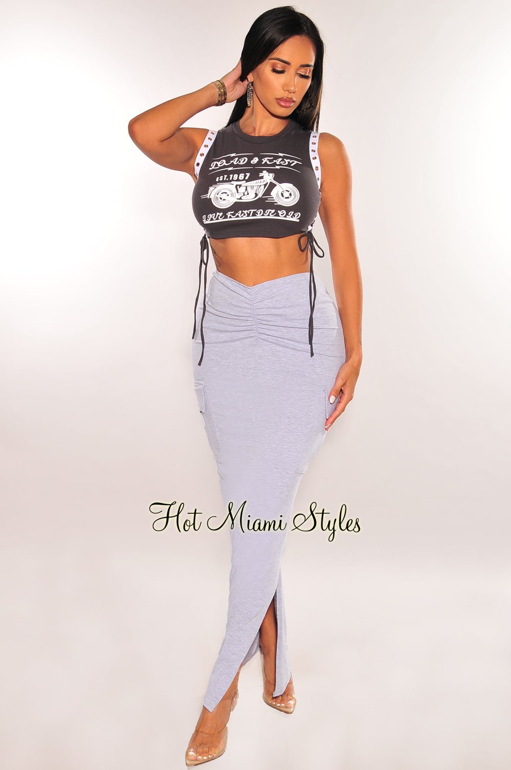 Charcoal Gray Lace Up Sleeveless Graphic Print Top & Cargo Slit Skirt 2-Piece Outfit Set for Women | Trendy Streetwear, Casual Summer Outfits, Music Festival Fashion