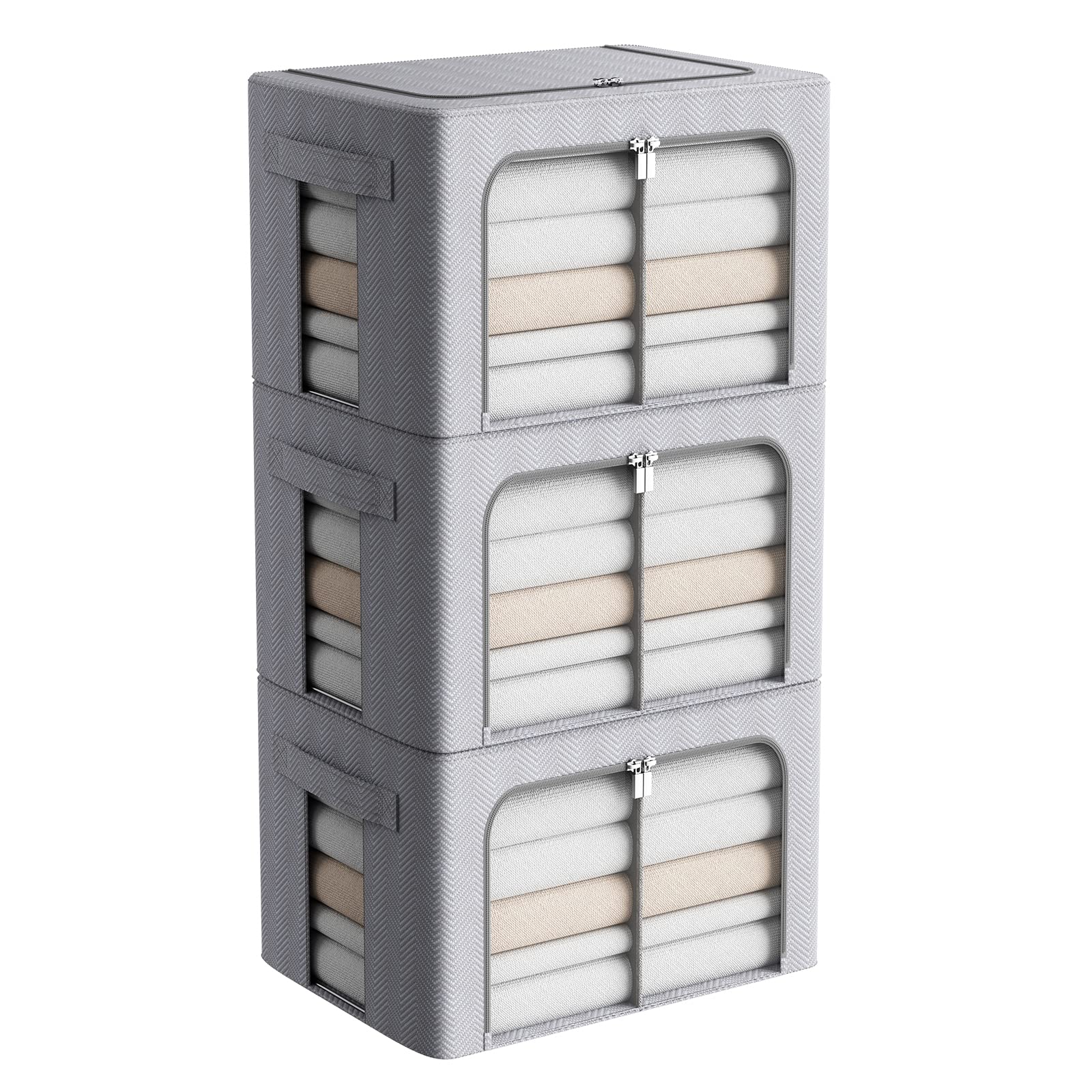 3 Pack Foldable Metal Frame Storage Bins with Clear Windows & Handles - 36L Light Grey Oxford Fabric Clothes Organizer for Bedding, Wardrobe & Seasonal Clothing Storage - Perfect for Closet, Underbed & Home Organization