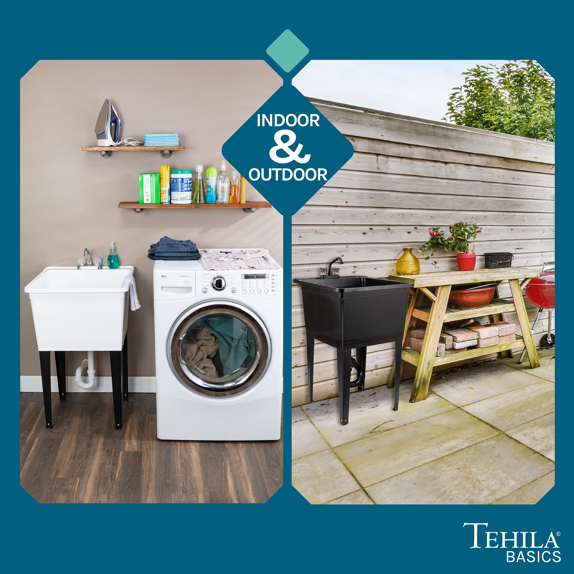 Tehila Basics 21-Gallon White Utility Sink with Chrome Faucet - Heavy Duty Plastic Laundry Tub, Adjustable Legs - Perfect for Laundry Rooms, Garages & Basements