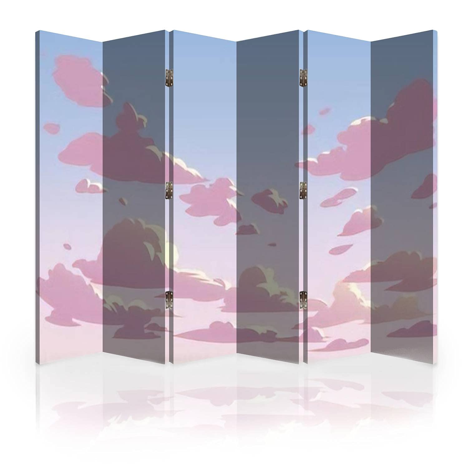 Anime Pink Sky Clouds Canvas Room Divider Screen - 6 Panel Folding Privacy Partition for Bedroom, Office & Studio - Lightweight Portable Room Separator Wall Decor