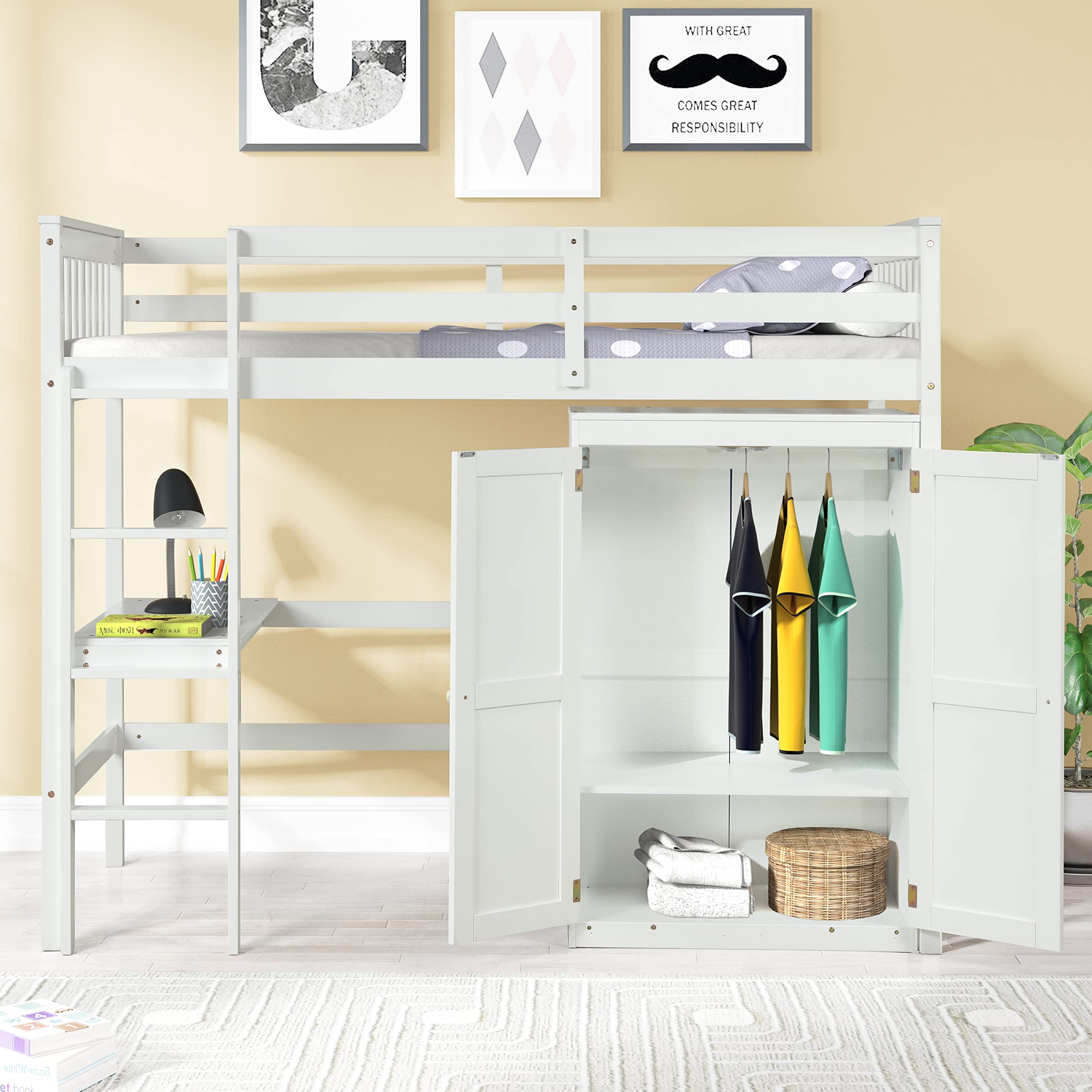 Harper & Bright Designs Twin Size Wood Loft Bed with Desk & Wardrobe - Space-Saving Study & Sleep Solution for Kids & Teens Bedrooms, Dorms & Small Spaces