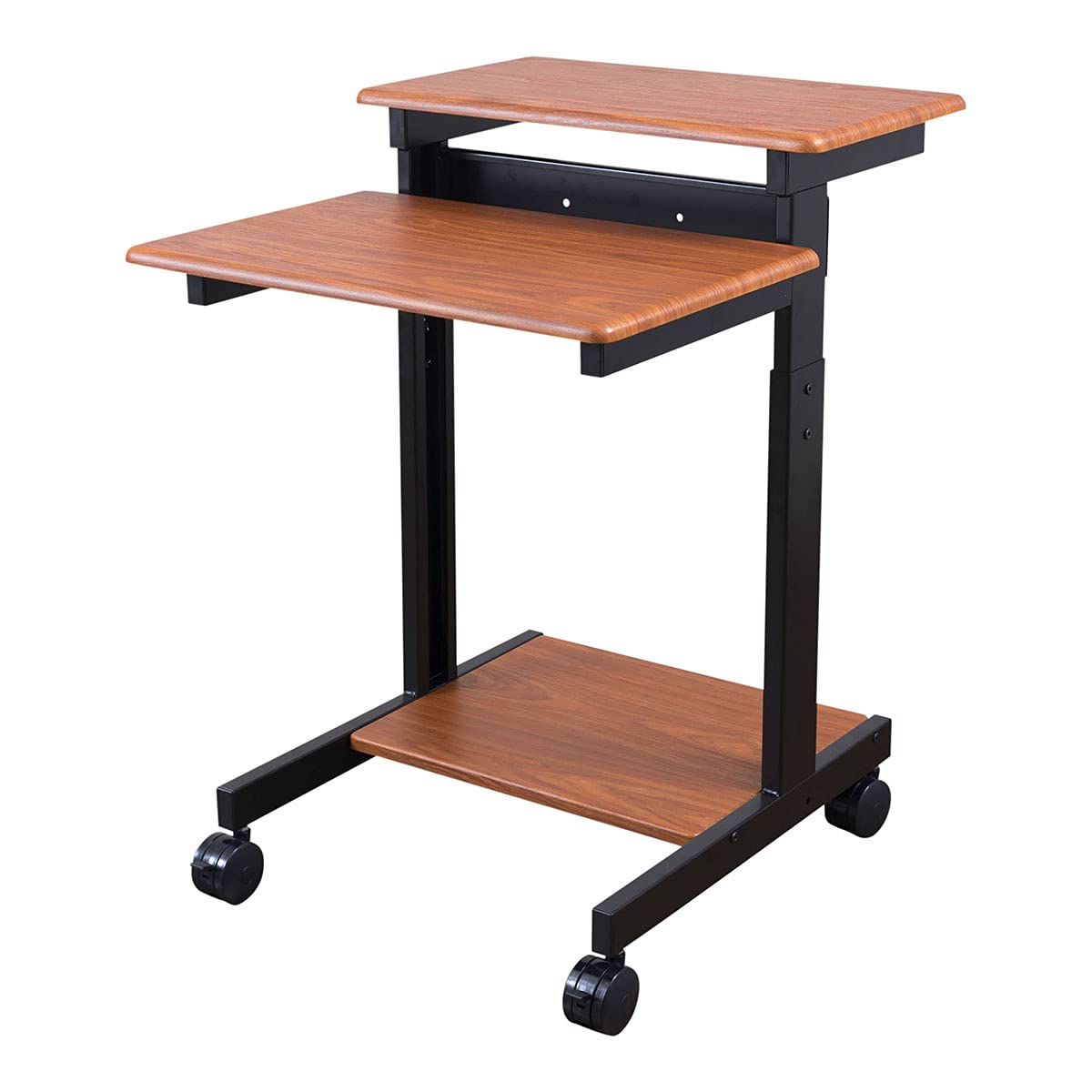 Adjustable Height Rolling Standing Desk with Two-Tier Workstation - Black Frame & Teak Top (24