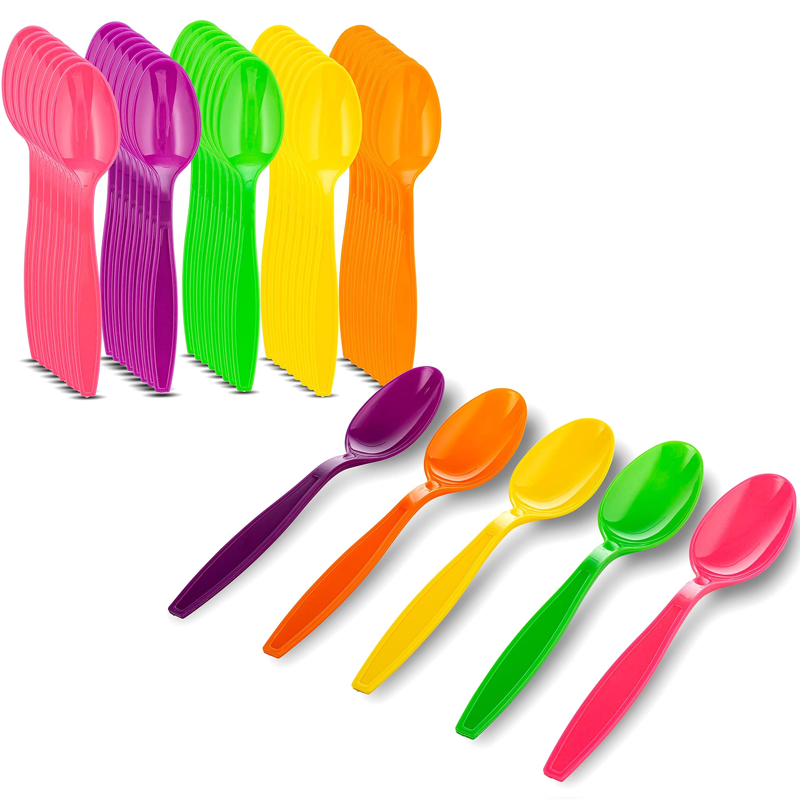 Vibrant Candy-Colored Polystyrene Plastic Tea Spoons - Medium Weight, Pack of 50 (Pink, Green, Orange, Yellow, Purple) - Perfect for Parties, Cafes, and Dessert Serving - Colors May Vary