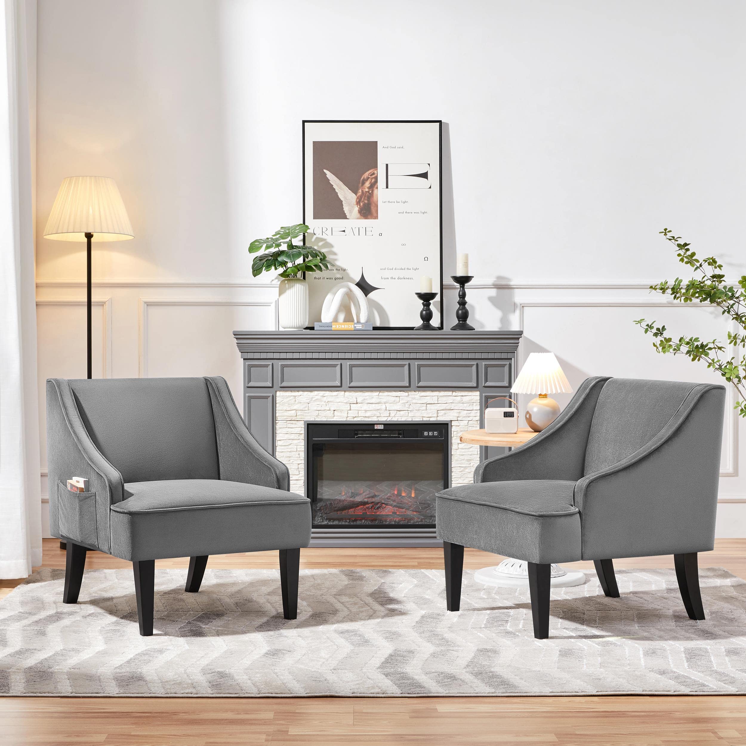 Yaheetech 2-Piece Gray Barrel Accent Chairs Set with Storage Pockets & Rubberwood Legs - Retro Armchairs for Bedroom, Home Office, Living Room - Perfect for Reading Nooks, Guest Seating & Small Space Decor