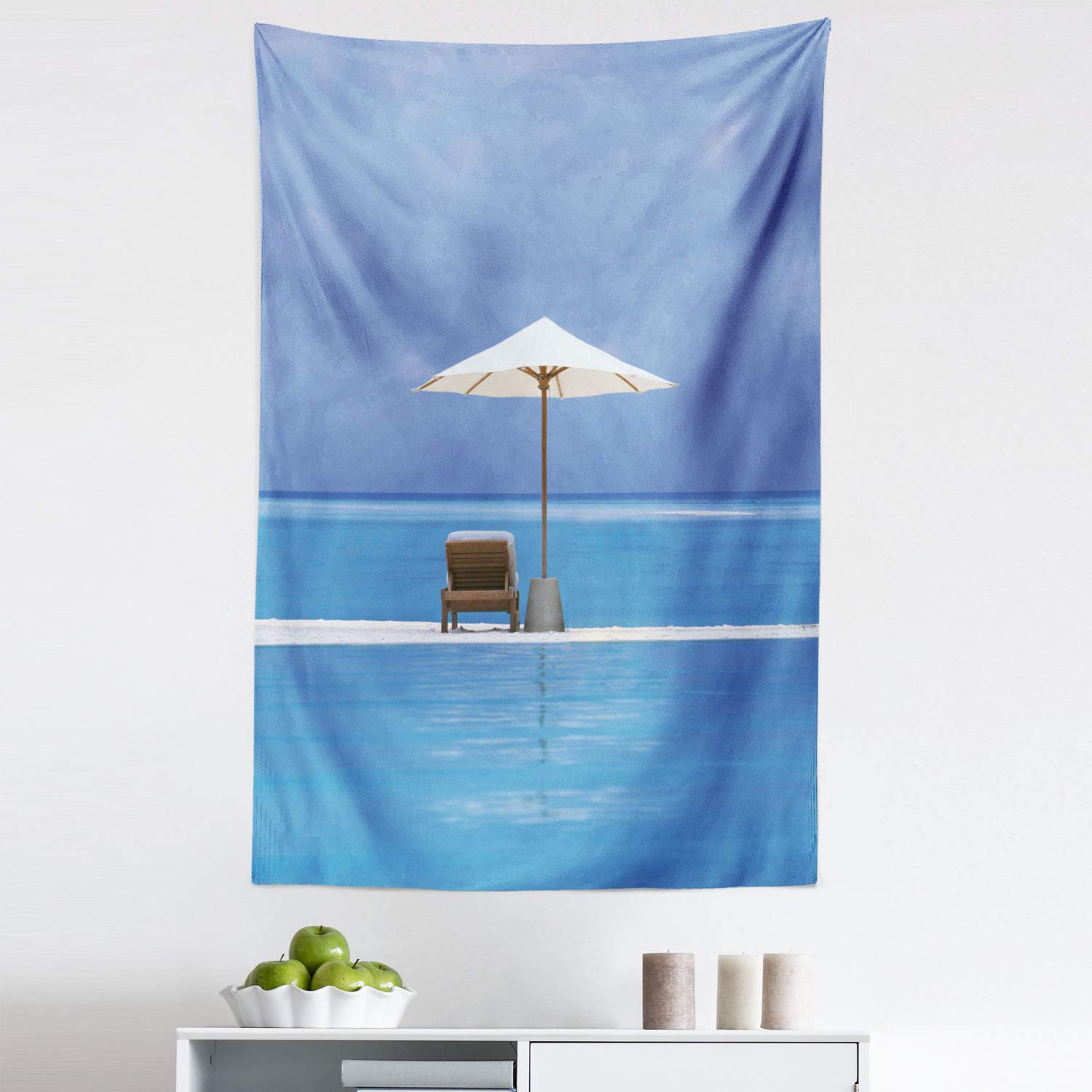 Ambesonne Coastal Tapestry - Ocean Seascape Wall Art with Beach Chairs & Umbrella Island Design, 30x45 Inch Blue Beige Fabric Wall Hanging for Bedroom, Living Room, Dorm Decor | Perfect for Beach House, Vacation Rental & Coastal Theme Interior Design