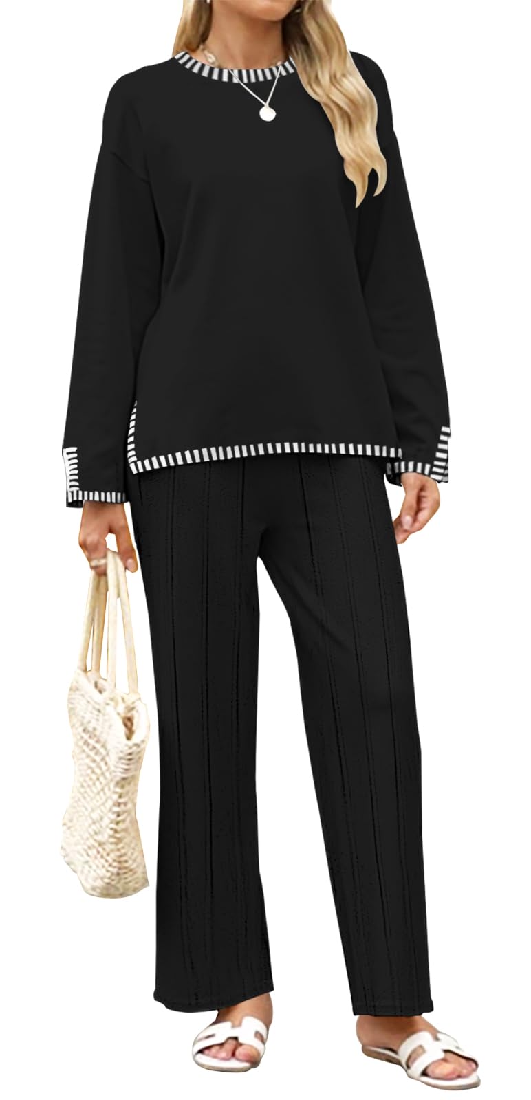 ETCYY Women's 2-Piece Outfit Set - Long Sleeve Knit Sweater with Sawtooth Edge & Pleated Leg Lounge Pants | Casual Tracksuit for Home, Office & Travel