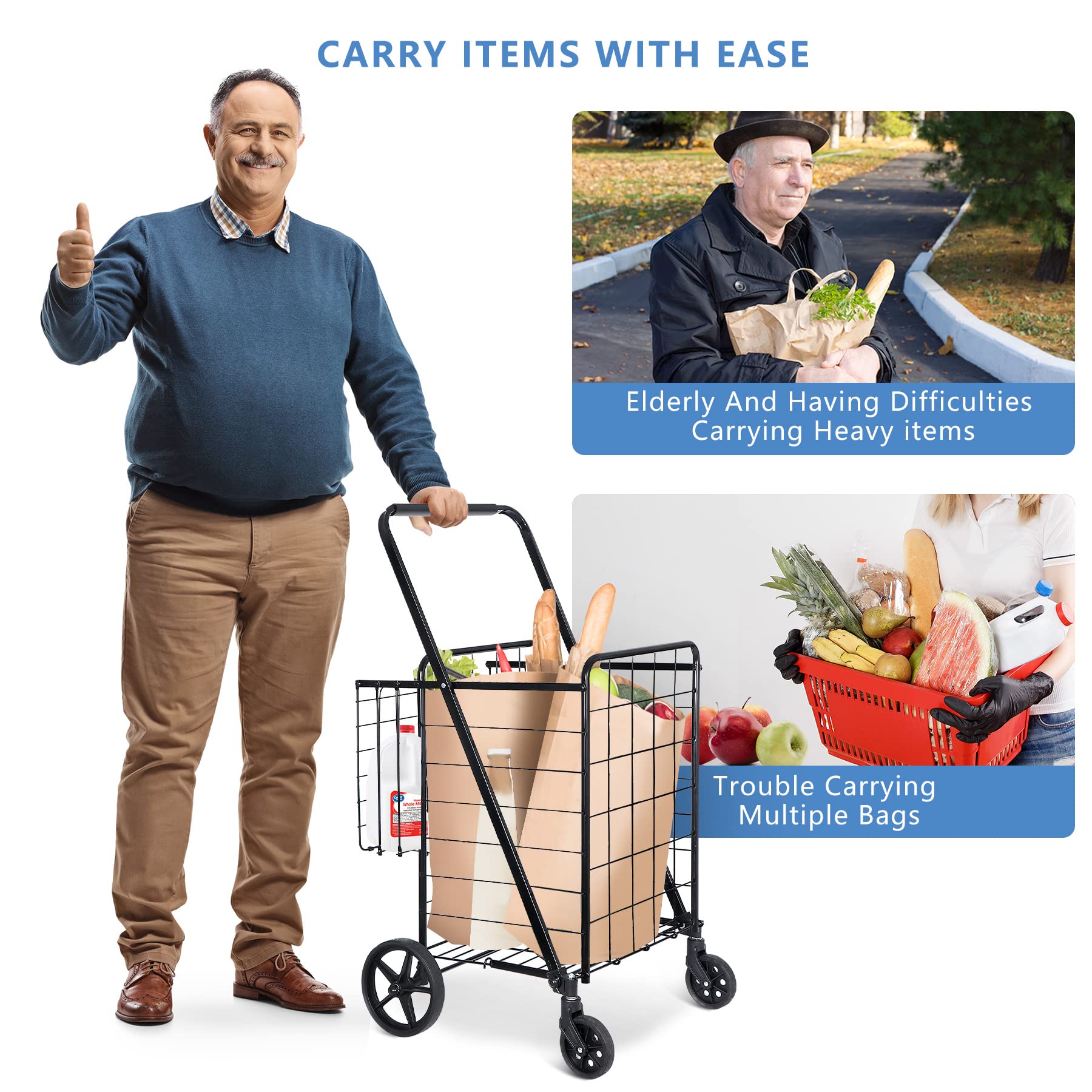 Foldable Shopping Cart with Wheels - Double Basket Grocery Cart for Laundry, Books, Luggage & Travel - Heavy Duty & Portable - Ideal for Grocery Shopping, College Dorms, Beach Trips & Airport Use (Black)