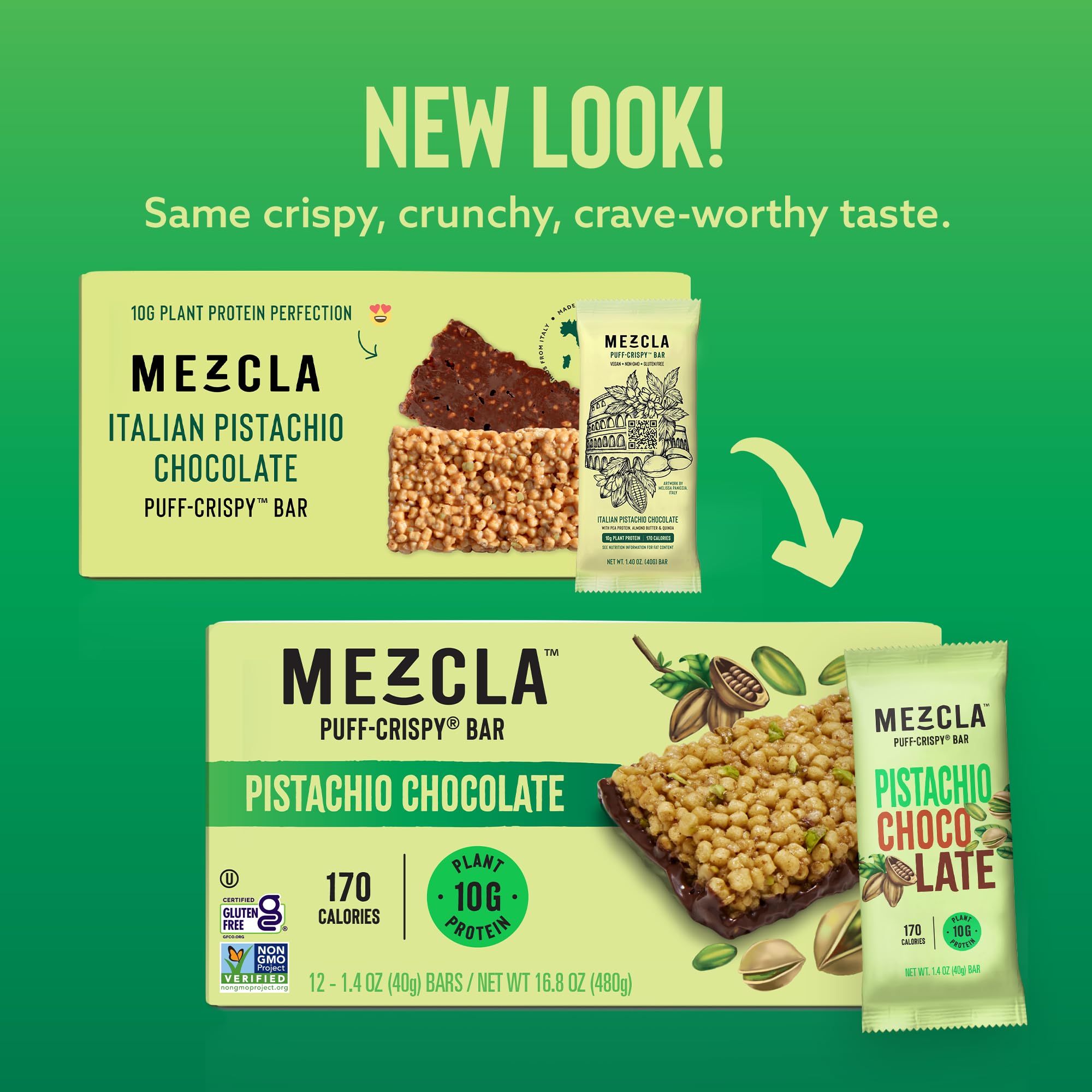 Mezcla Puff-Crispy Protein Bar - Pistachio Chocolate Flavor | Vegan, Gluten Free, Plant-Based Protein Energy Snack | Perfect for Post-Workout Recovery, Healthy On-The-Go Breakfast & Keto Diet