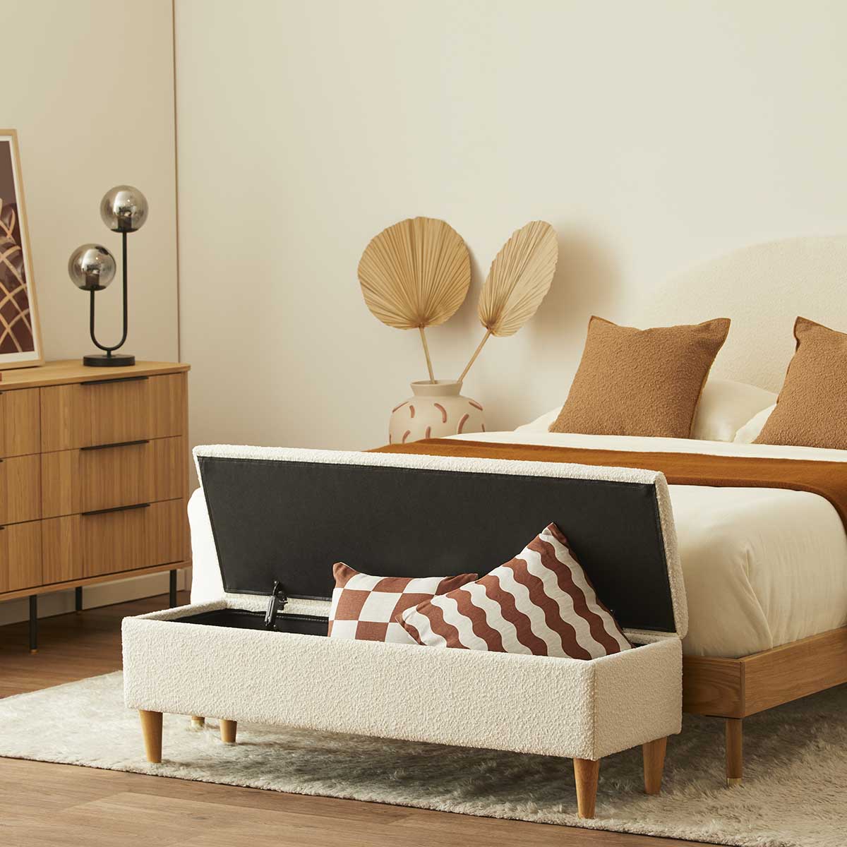 Charlotte Boucle Fabric Storage Bench with Tufted Seat - Stylish Entryway Organizer for Shoes, Blankets & Home Decor