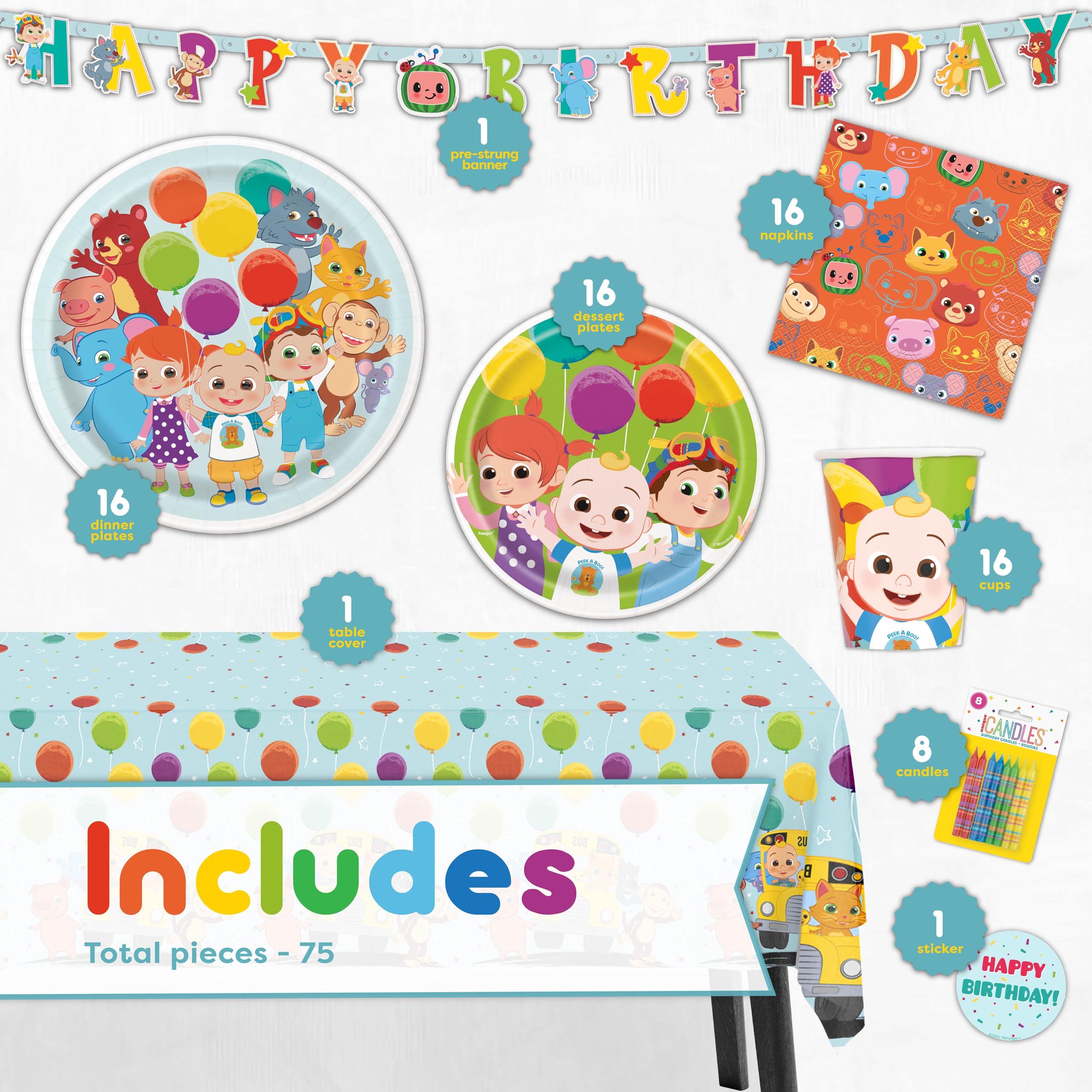 Cocomelon Birthday Party Supplies Set - 16-Piece Decorations Kit with Banner, Table Cover, Plates, Napkins, Cups & Stickers | Perfect for Kids' Birthday Parties, Baby Showers & Themed Events