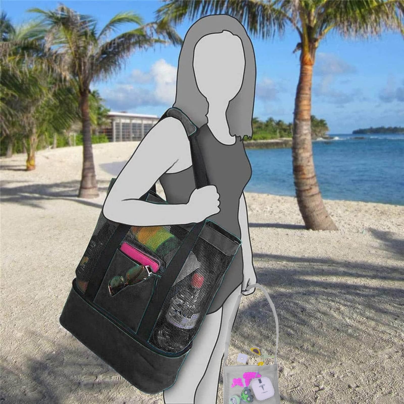 Multifunctional Mesh Beach Bag with Built-in Cooler - Large Outdoor Beach Tote with Small Pouch for Women - Perfect for Pool Parties, Picnics, and Summer Travel