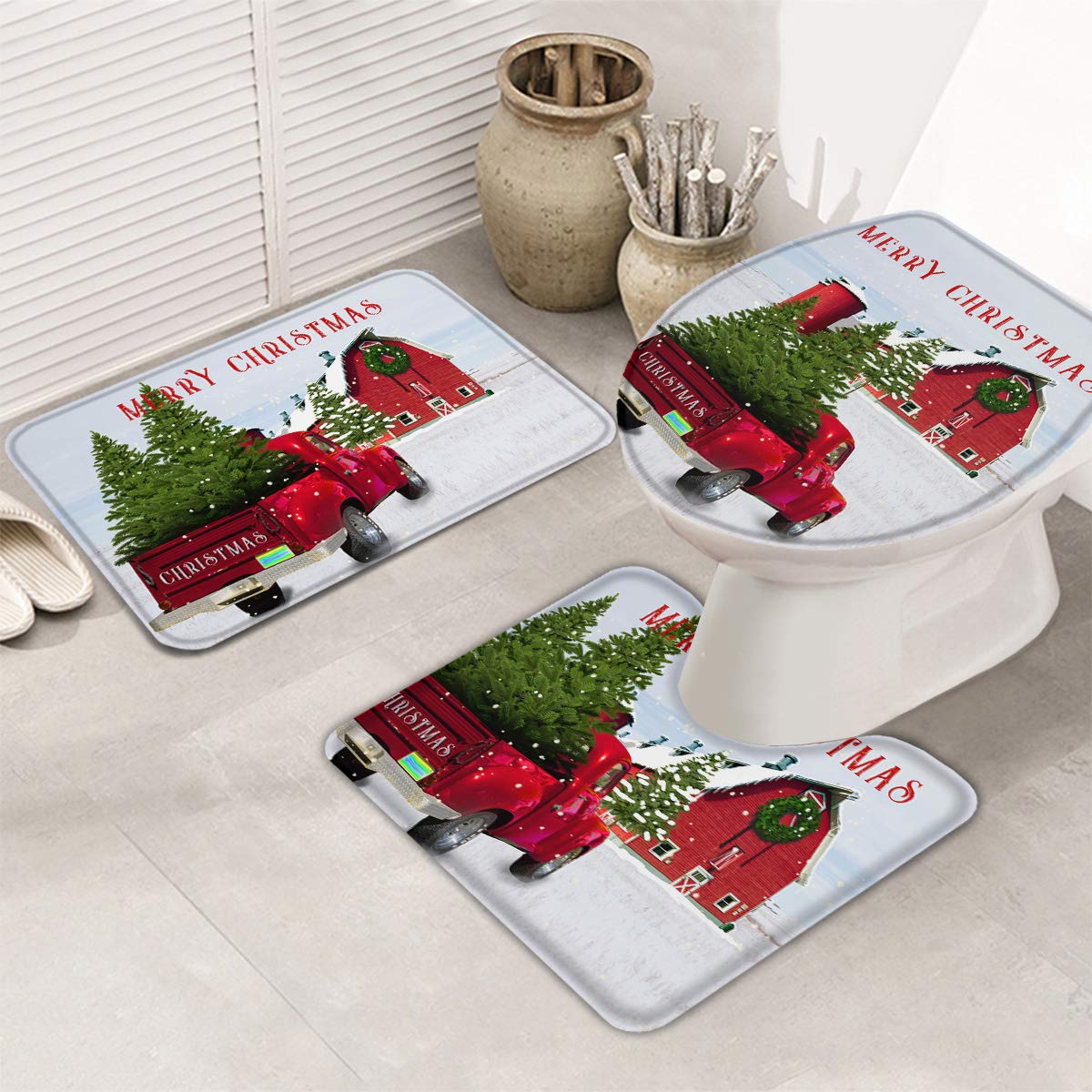 Royalreal 3-Piece Christmas Bathroom Rug Set - Non-Slip Bath Mat, Contour Mat & Toilet Lid Cover - Machine Washable Holiday Decor for Bathroom, Xmas Tree Barn Theme - Perfect for Festive Home Decor & Guest Bathrooms