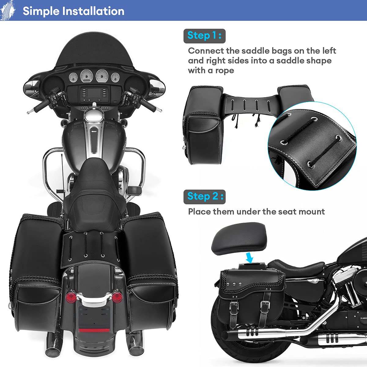 Premium Synthetic Leather Motorcycle Saddlebags - Universal Waterproof Side Bags for Harley Sportster, Vulcan, Shadow, Softail, Dyna & V-Star - Durable Storage Tool Bag (Black, Style A) - Perfect for Long Rides, Road Trips & Daily Commuting