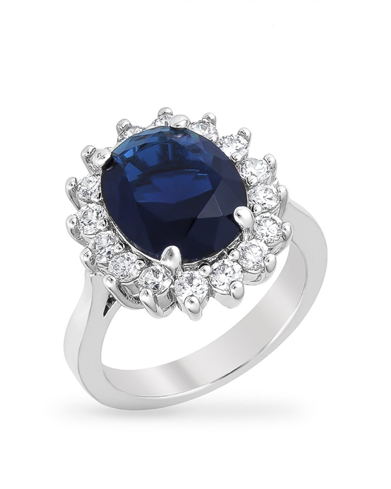 Kate Bissett Genuine Rhodium Plated Sapphire Blue Cubic Zirconia Engagement Ring - Elegant Wedding Band with Clear CZ Accents for Women | Perfect for Proposals, Anniversaries & Special Occasions