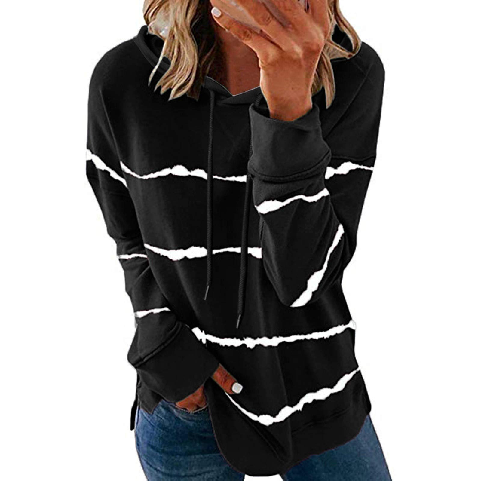 Women's Casual Long Sleeve Hooded Loose T-Shirt - Striped Print Blouse for Maternity & Everyday Wear | Comfortable White Top for Relaxing, Running Errands & Layering