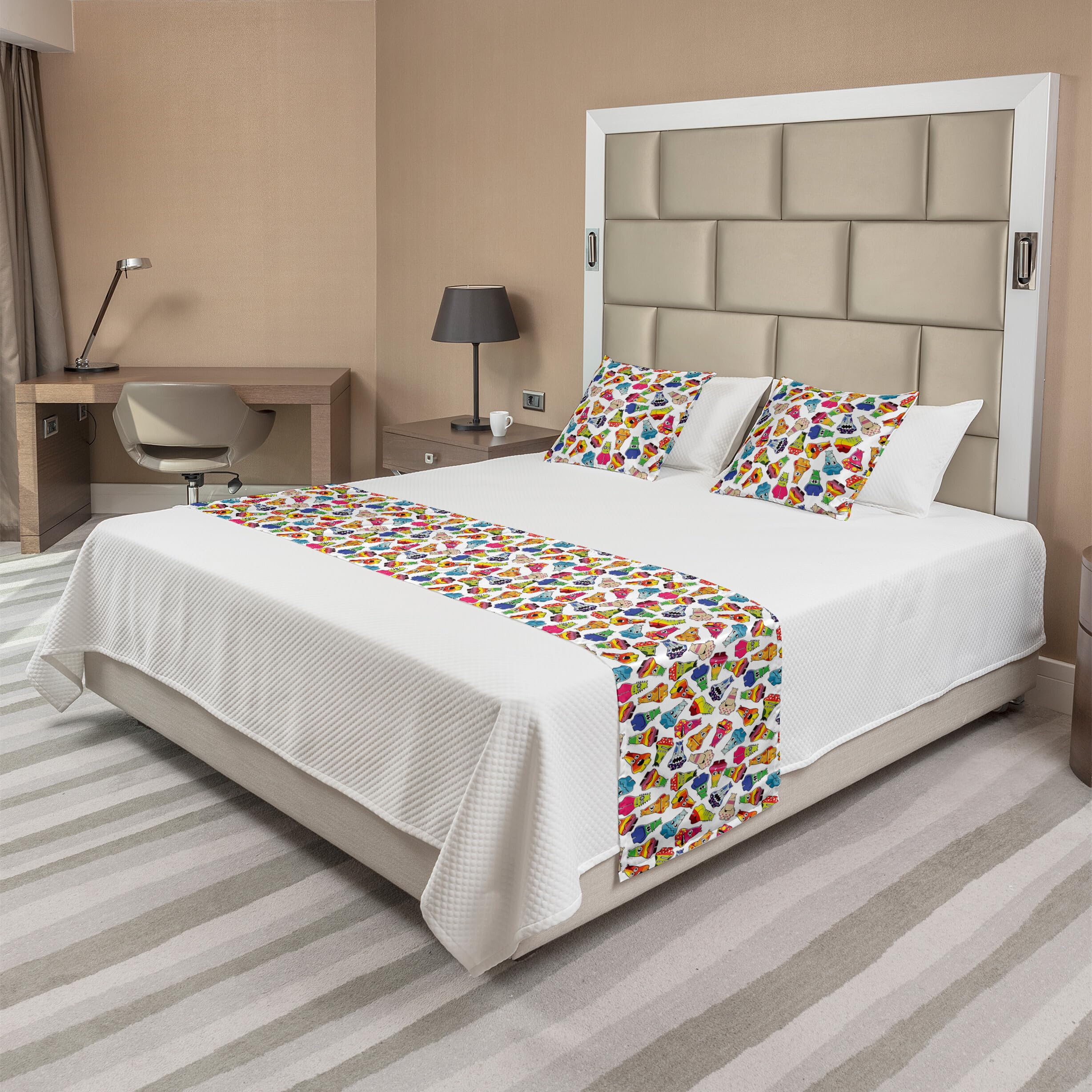 Ambesonne Funny Monster Bed Runner Set - Playful Cartoon Characters with Expressive Designs, Decorative Bedding Scarf & 2 Pillow Shams for King Size Beds - Perfect for Home, Hotel, and Kids' Room Decor