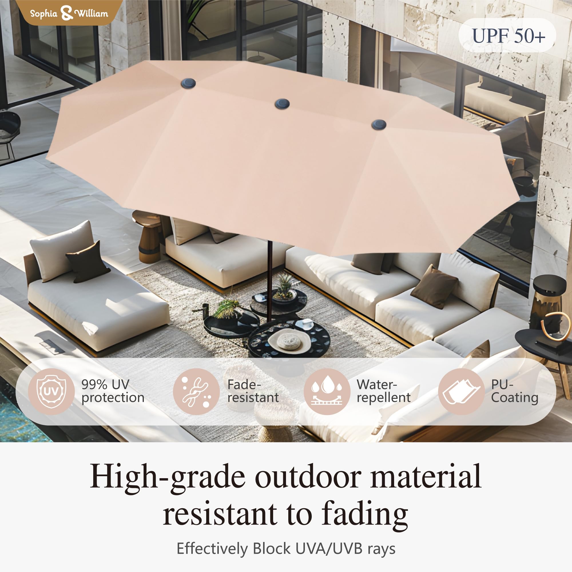 Sophia & William 7-Piece Outdoor Patio Dining Set with 13ft Beige Umbrella - 6 Folding Chairs & Rectangular Metal Table with Blue Sling Chairs - Perfect for Backyard BBQs, Poolside Gatherings & Garden Dining