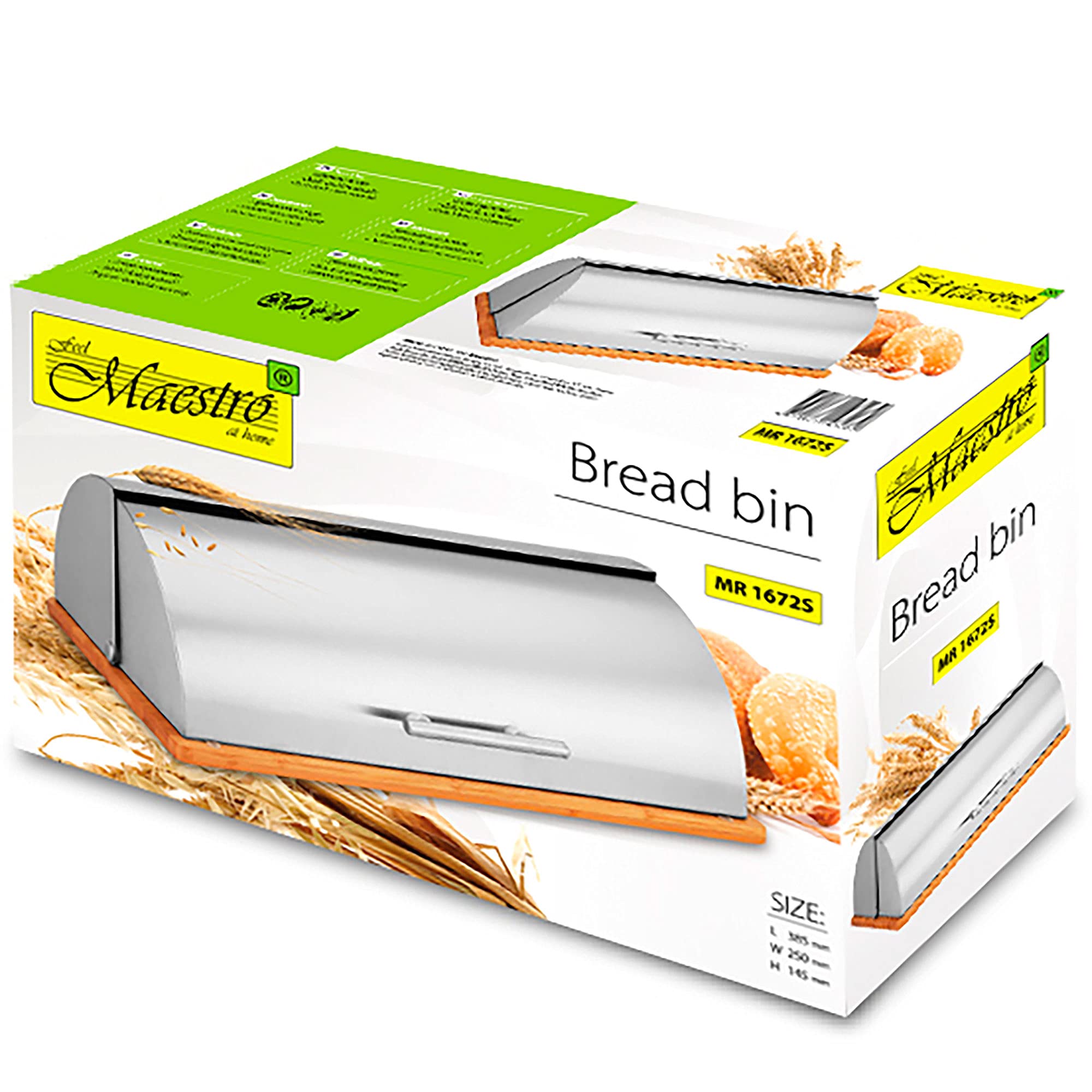 Maestro MR-1672S Stainless Steel & Wood Bread Box with Sliding Lid - Elegant Bread Storage Container for Kitchen Countertop - Perfect for Storing Bread, Buns, Pastries & Baked Goods