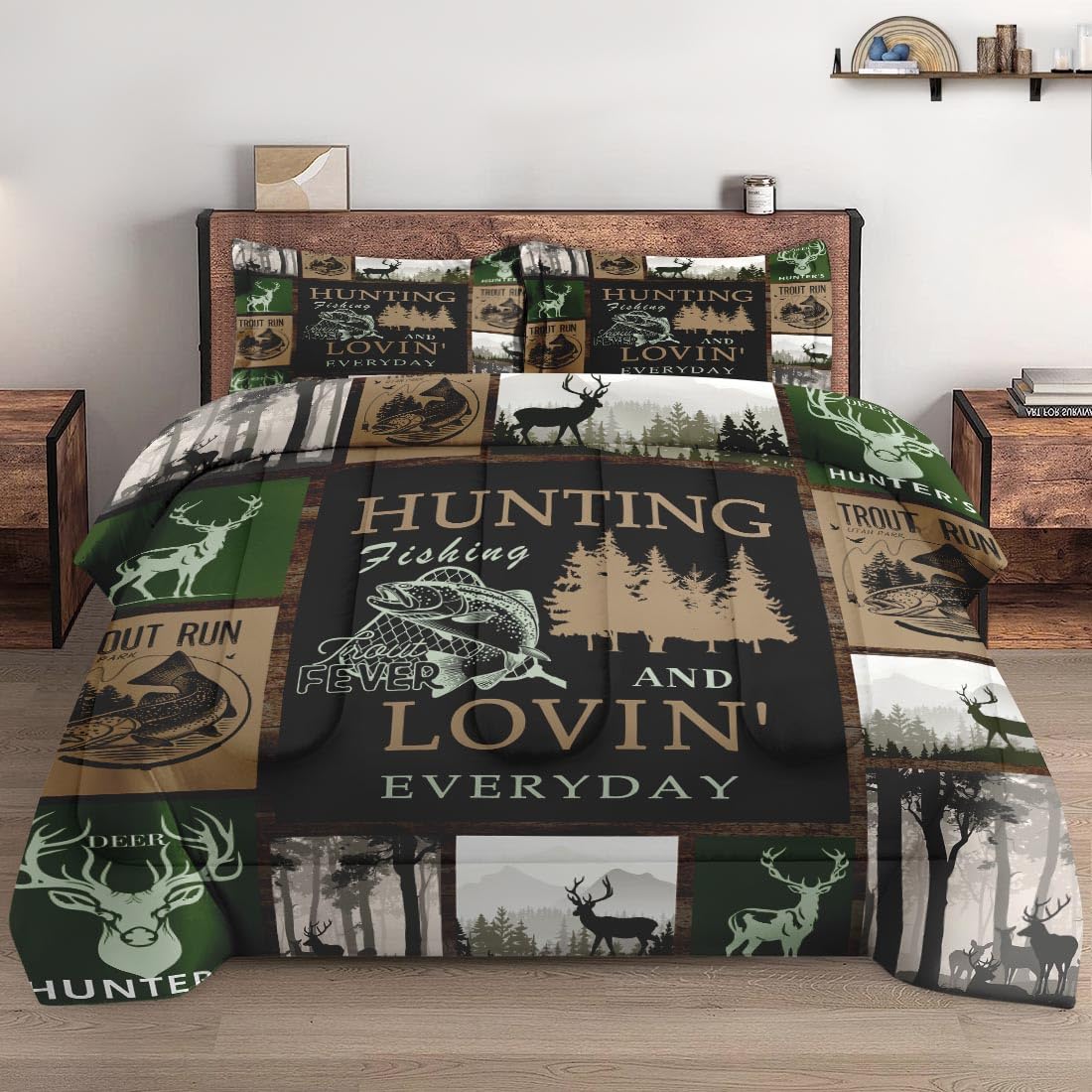 Queen Size Comforter Set - 3 Piece Retro Mountain Gray Soft Bedding with 2 Pillowcases for Kids & Adults | Deer Animal Tree Design for Bedroom Decor | Cozy & Warm for Winter Nights, Guest Room, Dorm, or Master Bedroom