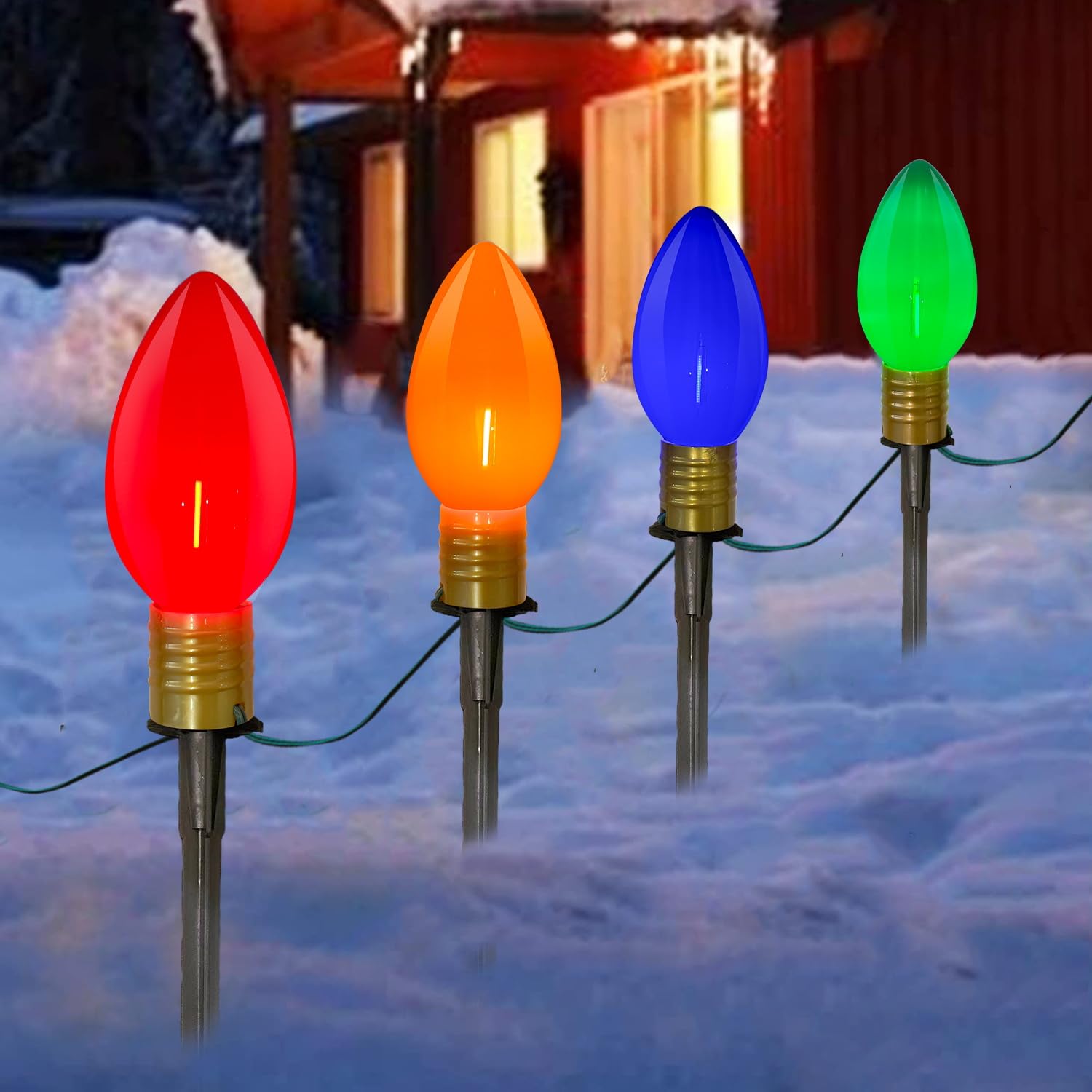 C9 LED Pathway Lights 7Ft - Multicolor Outdoor Christmas Lights with 4 Marker Stakes, Connectable Holiday Decoration for Walkway, Garden, and Commercial Use - UL Listed Green Wire - Perfect for Christmas, Halloween, and Year-Round Outdoor Decor