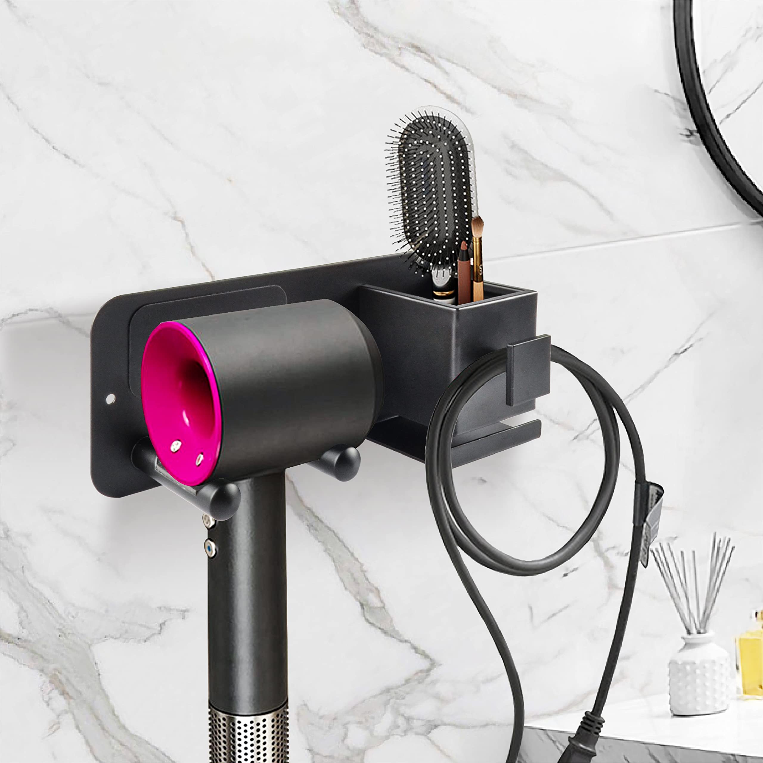 Wall Mounted Hair Dryer Holder & Brush Organizer for Bathroom Storage