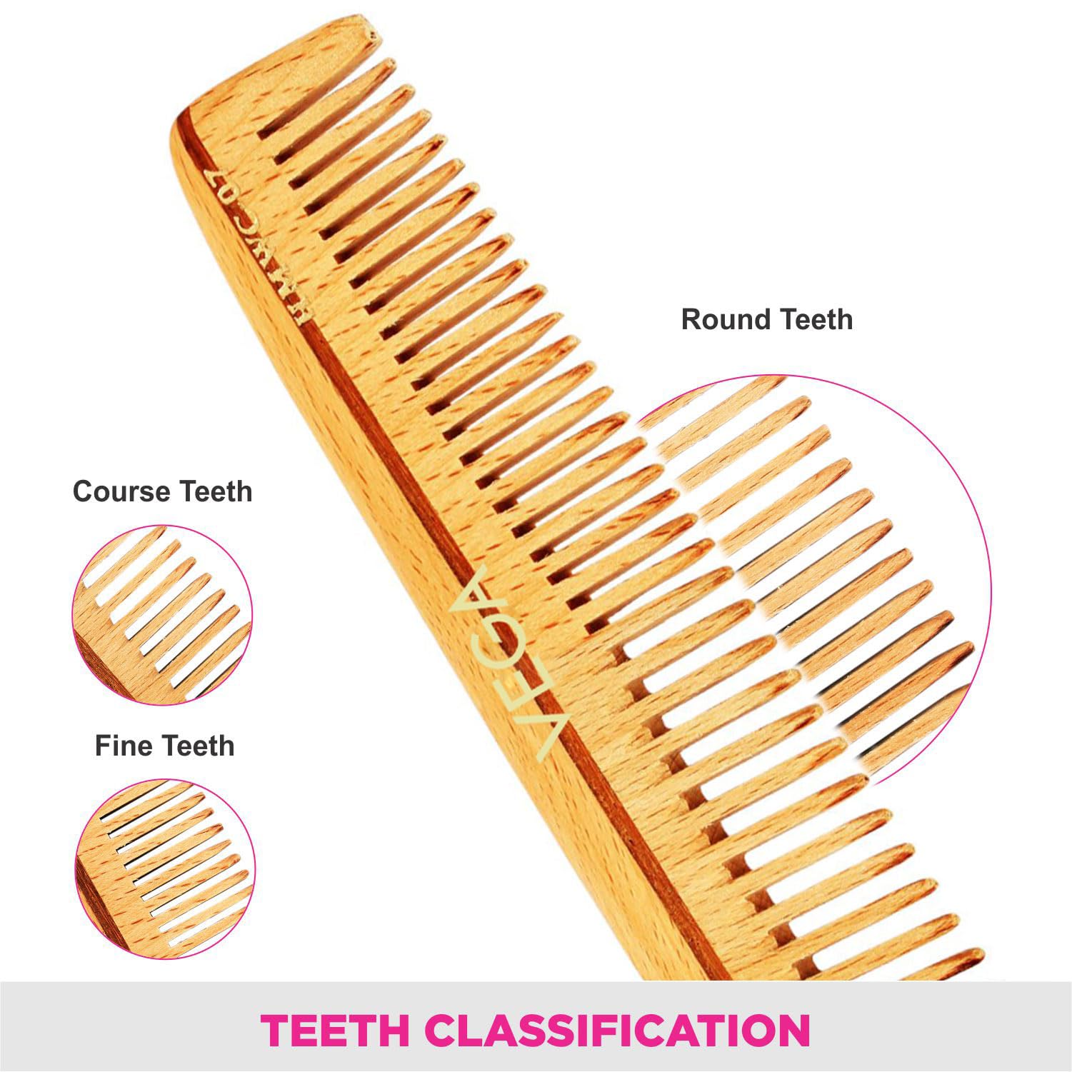 Vega Pocket Wooden Hair Comb - Handmade Natural Wood Comb for Men & Women - India's No.1 Hair Comb Brand (HMWC-07) - Perfect for Travel, Home & Salon Use