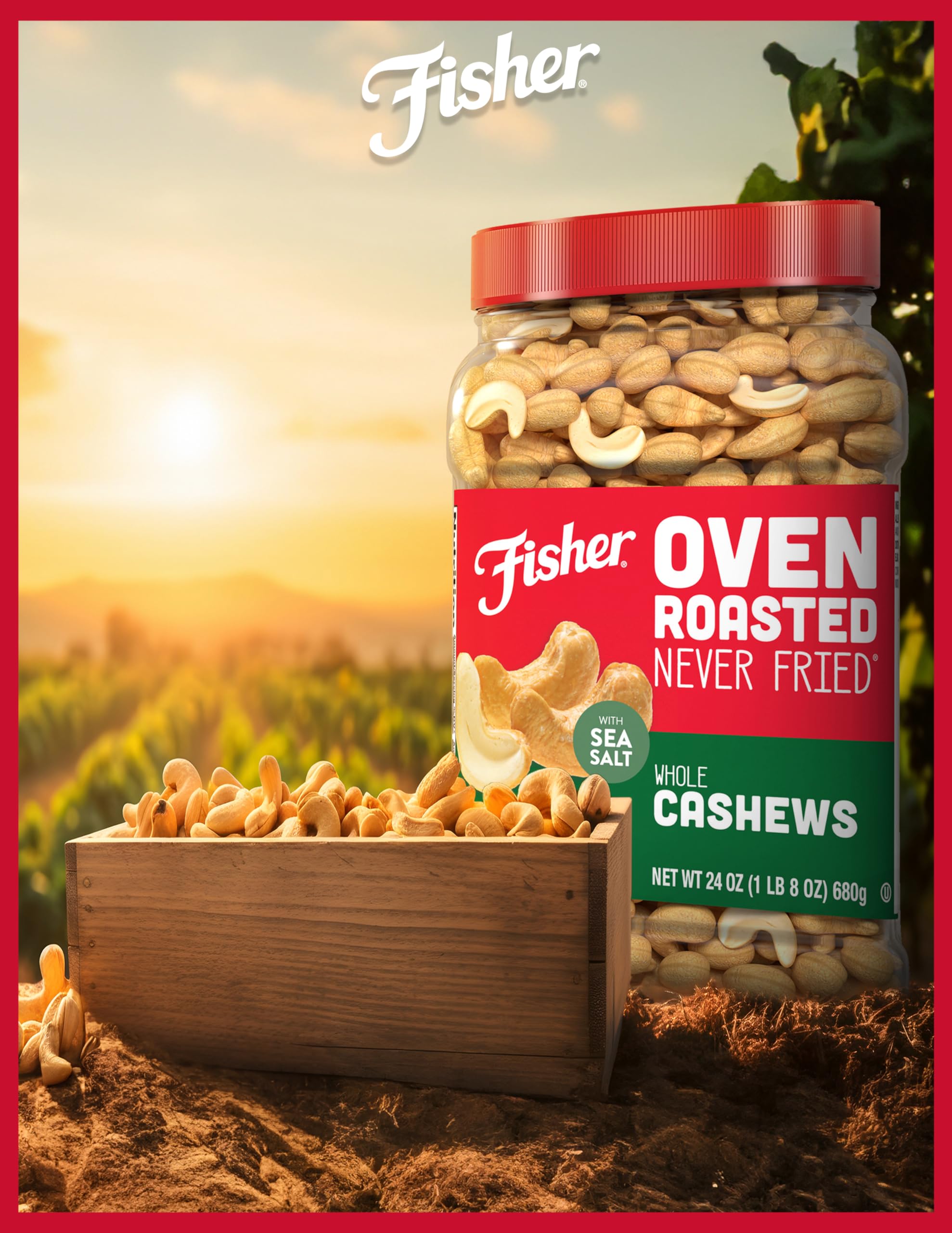 Fisher Oven Roasted Never Fried Whole Cashews, 24oz (Pack of 1) – Healthy Snacks for Adults with Sea Salt, No Added Oils, Gluten Free, Vegan Protein – Perfect for Office Snacks, Travel, Hiking & Gift Giving
