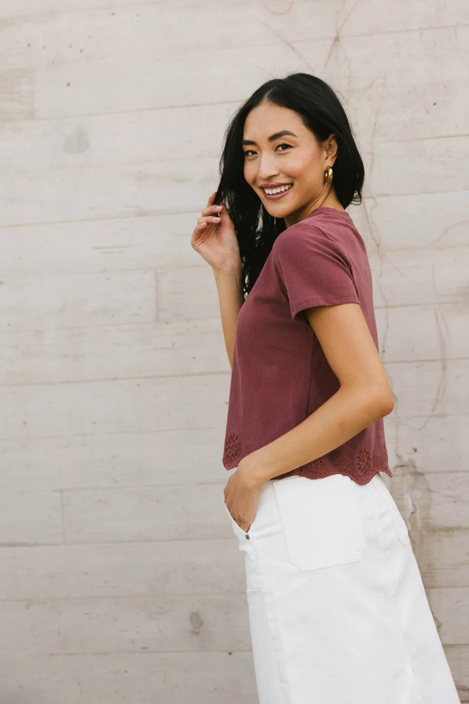 Nia Wine Red Eyelet Lace Cropped T-Shirt for Women | Summer Fashion Top | Perfect for Casual Outings, Dates & Beach Vacations