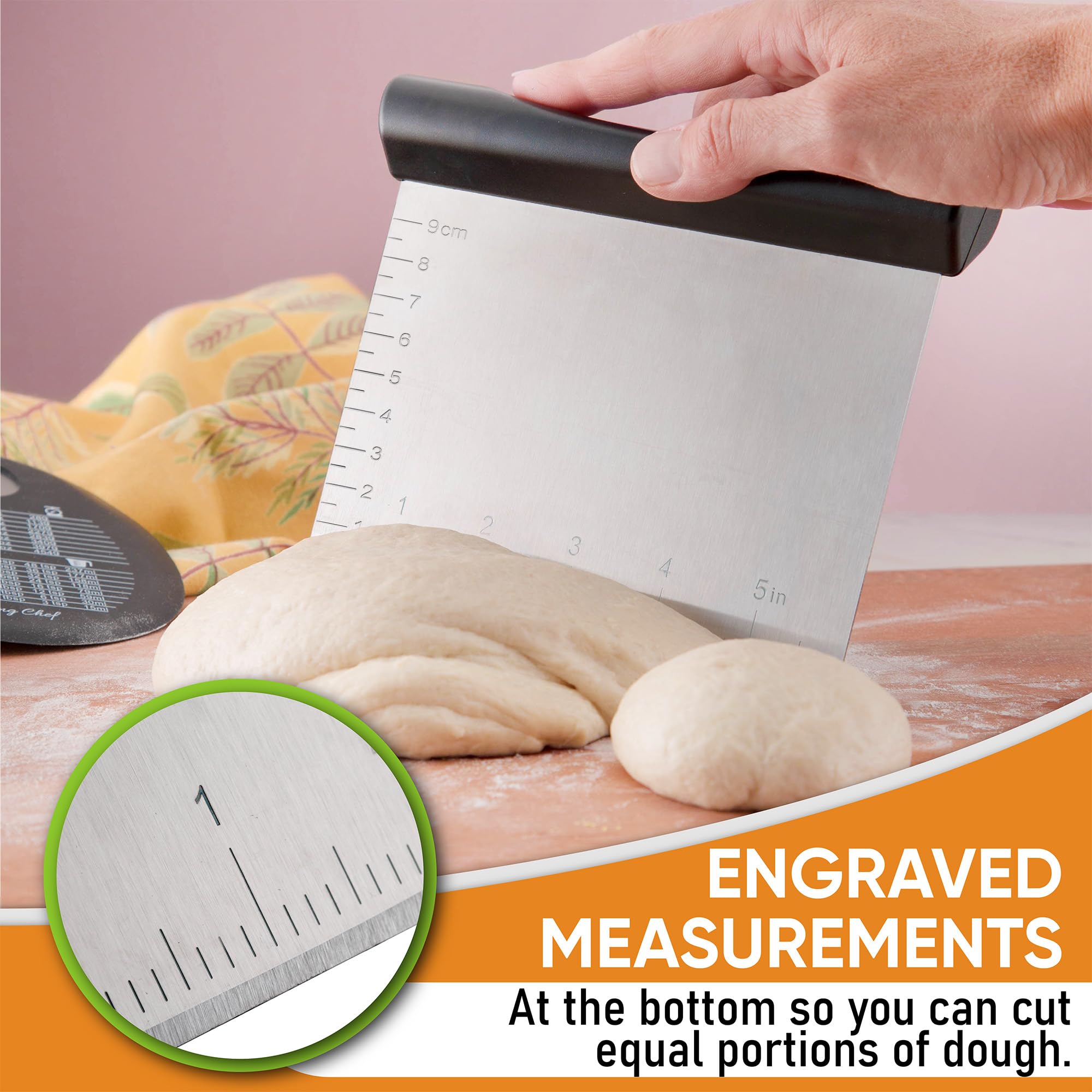 Spring Chef Stainless Steel Bench Scraper - Dough Cutter & Pastry Scraper for Baking Pizza, Bread, Cake - Kitchen Tool with Measurement Markings - Perfect for Home Bakers & Professional Chefs - Black