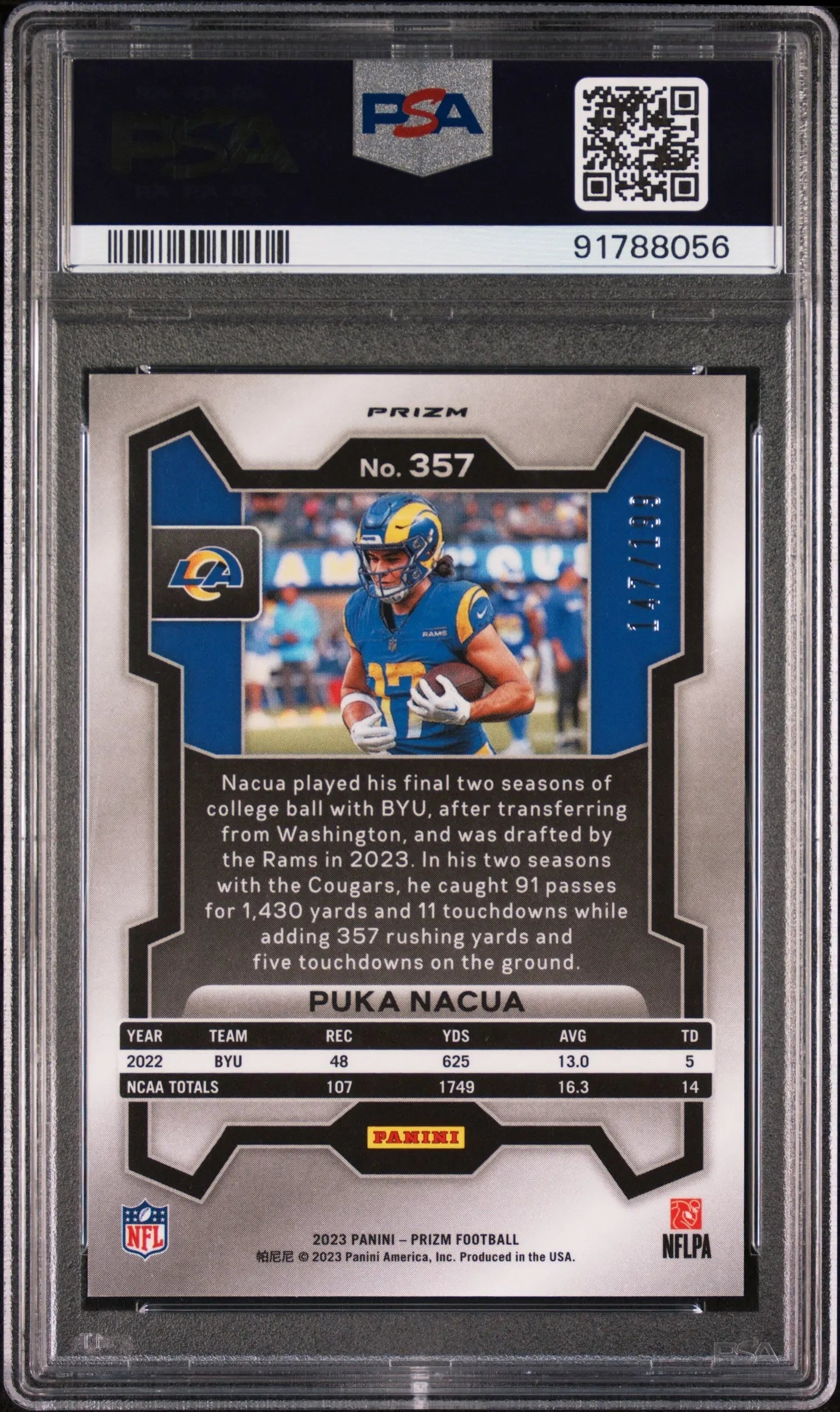 2023 Panini Prizm Football Puka Nacua Rookie Card Blue Wave Prizm PSA 9 Graded 147/199 #357 - Perfect for Sports Collectors & Investment
