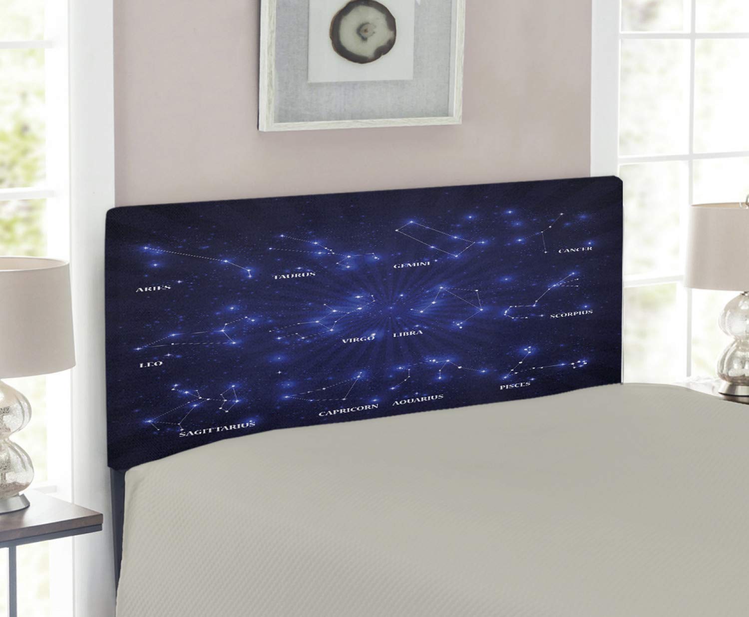 Ambesonne Twin Size Constellation Headboard - Vibrant Zodiac Signs & Stars Design, Upholstered Metal Bed Frame with Memory Foam in Pale Blue Indigo White | Perfect for Bedroom Decor & Astrology Lovers