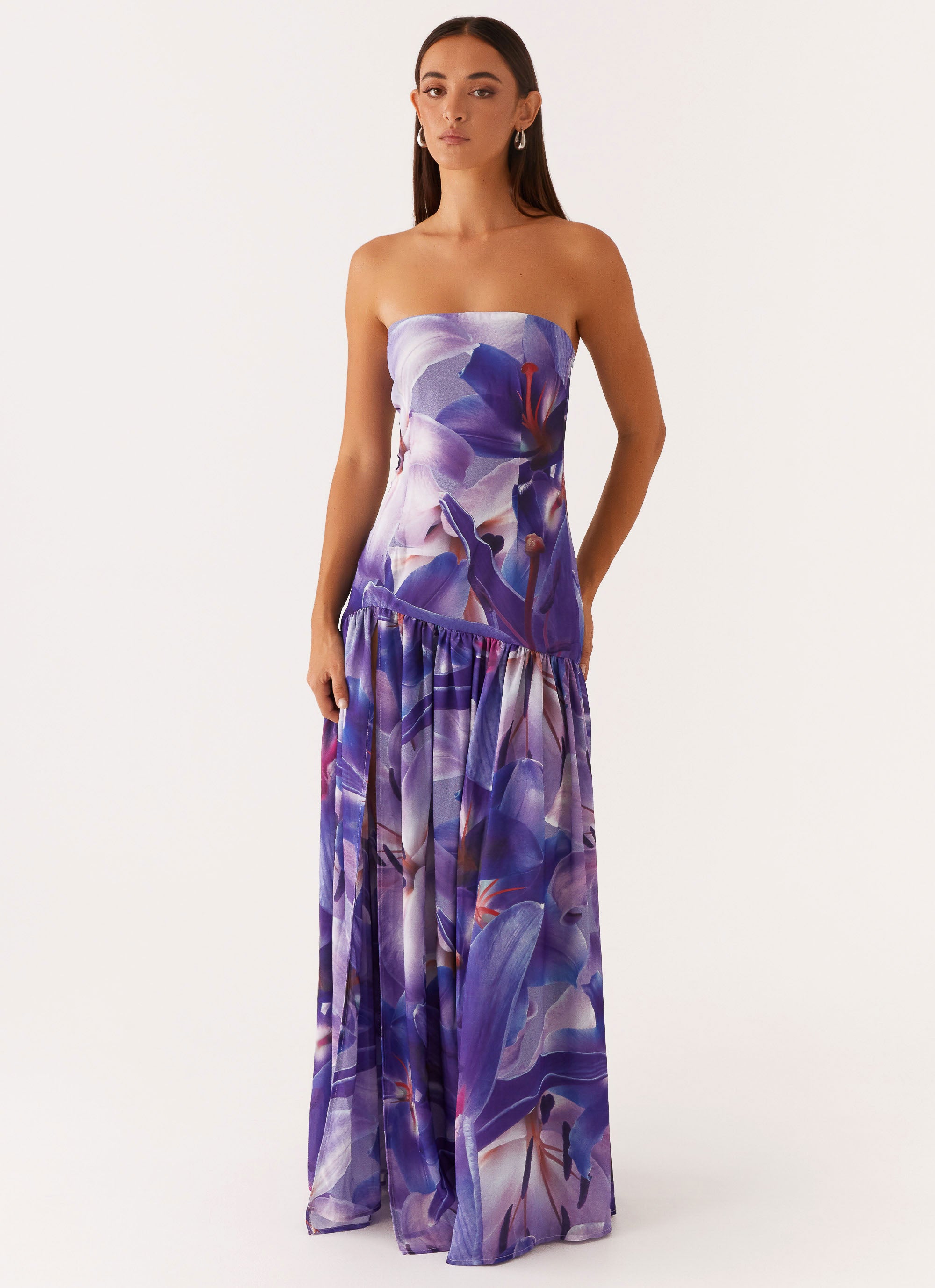 Eden Strapless Maxi Dress - Purple & White Floral Summer Beach Wedding Party Gown | Perfect for Vacations, Date Nights & Formal Events