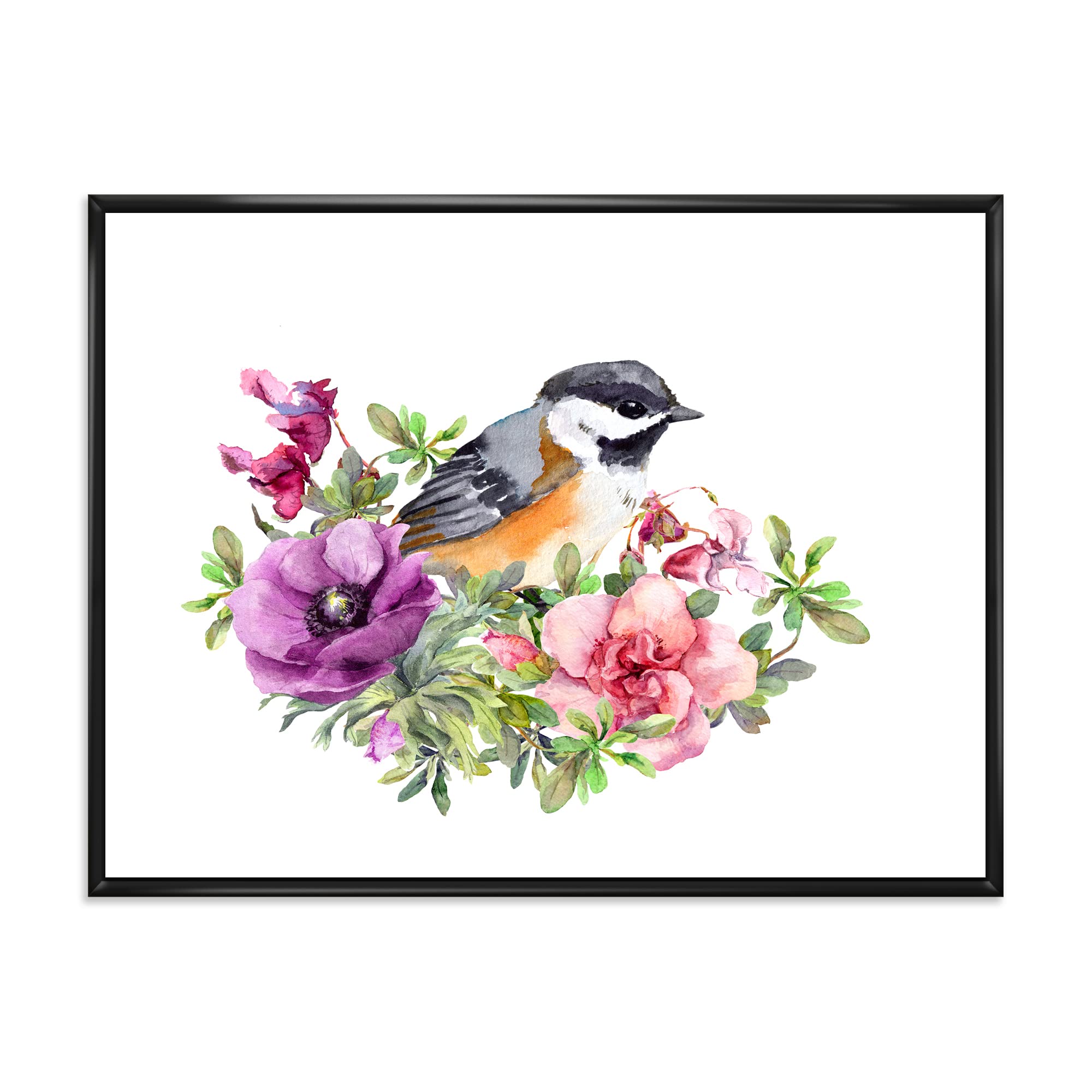 Beautiful Pink and Purple Floral Bird Framed Canvas Wall Art - Vintage Home Decor for Living Room, Bedroom & Office