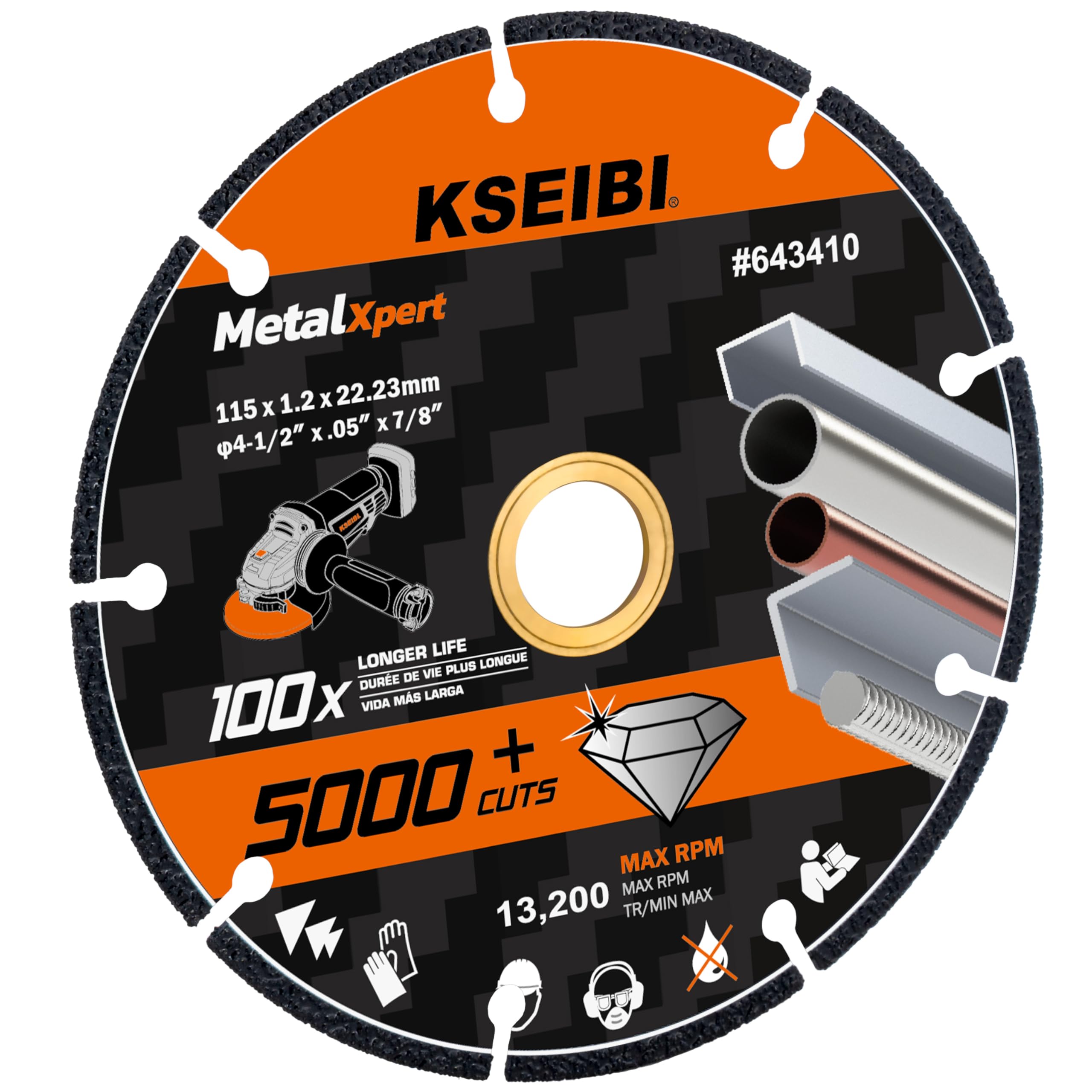 KSEIBI 643410 4.5 Inch Diamond Cutting Wheel - 4-1/2 x 7/8 Inch Metal Cutting Disc for Angle Grinder - Premium Cut Off Blade for Steel, Rebar, Cast Iron, Aluminum & Non-Ferrous Metals - Durable 5000+ Cuts Guaranteed - Perfect for Metal Fabrication, Construction & DIY Projects