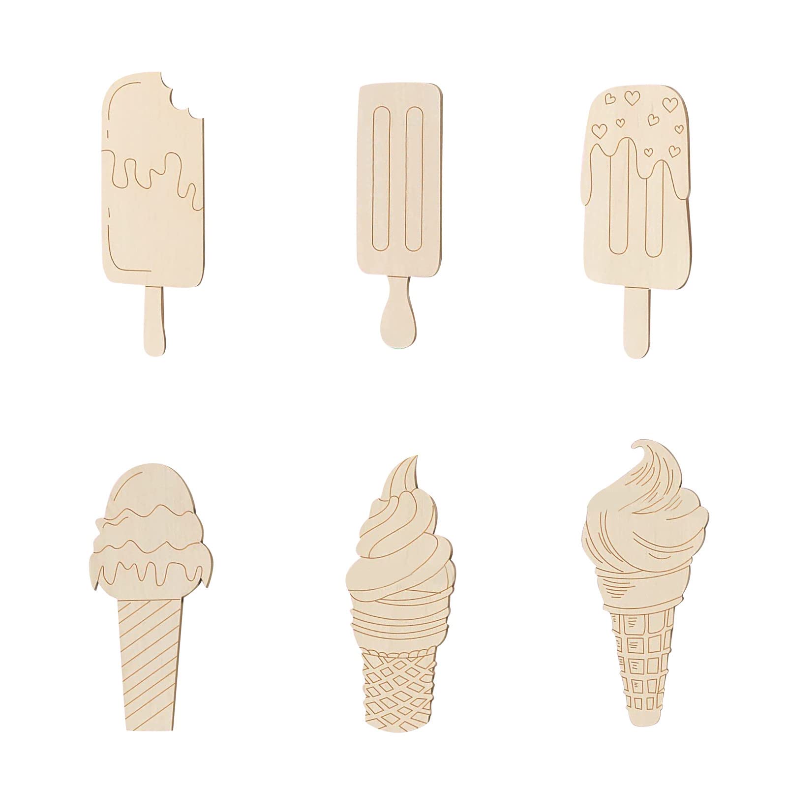 Unfinished Wooden Ice Cutouts for DIY Crafts - 6 Styles Summer & Christmas Wood Decor, Kids Birthday Art Paint Ornaments - Perfect for Holiday Decorations, Party Favors, and Home DIY Projects