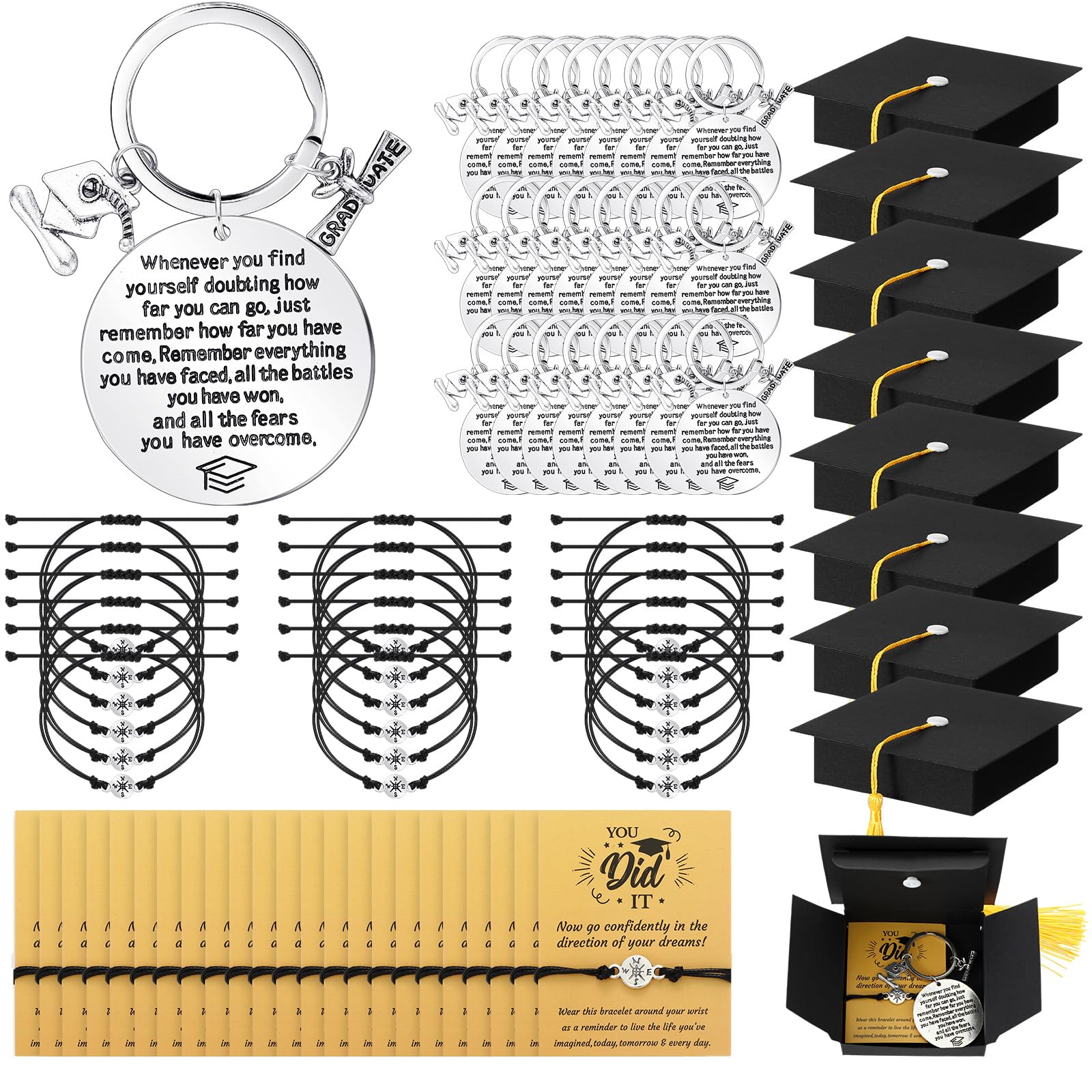 24 Sets 2025 Graduation Gifts - Unisex Bracelets with Cap Box, Inspirational Quote Card & Keychain - Perfect for Class of 2025 Graduation Parties, Senior Gifts & Commencement Celebrations