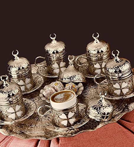 Premium Espresso Coffee Cups Set of 6 with Saucers & Holders - Porcelain Turkish/Arabic/Greek Style Coffee Set - Elegant Silver Cups for Home, Office or Cafe Use - Perfect Wedding, Housewarming & Hostess Gifts - Ideal for Afternoon Tea, Coffee Breaks & Entertaining Guests
