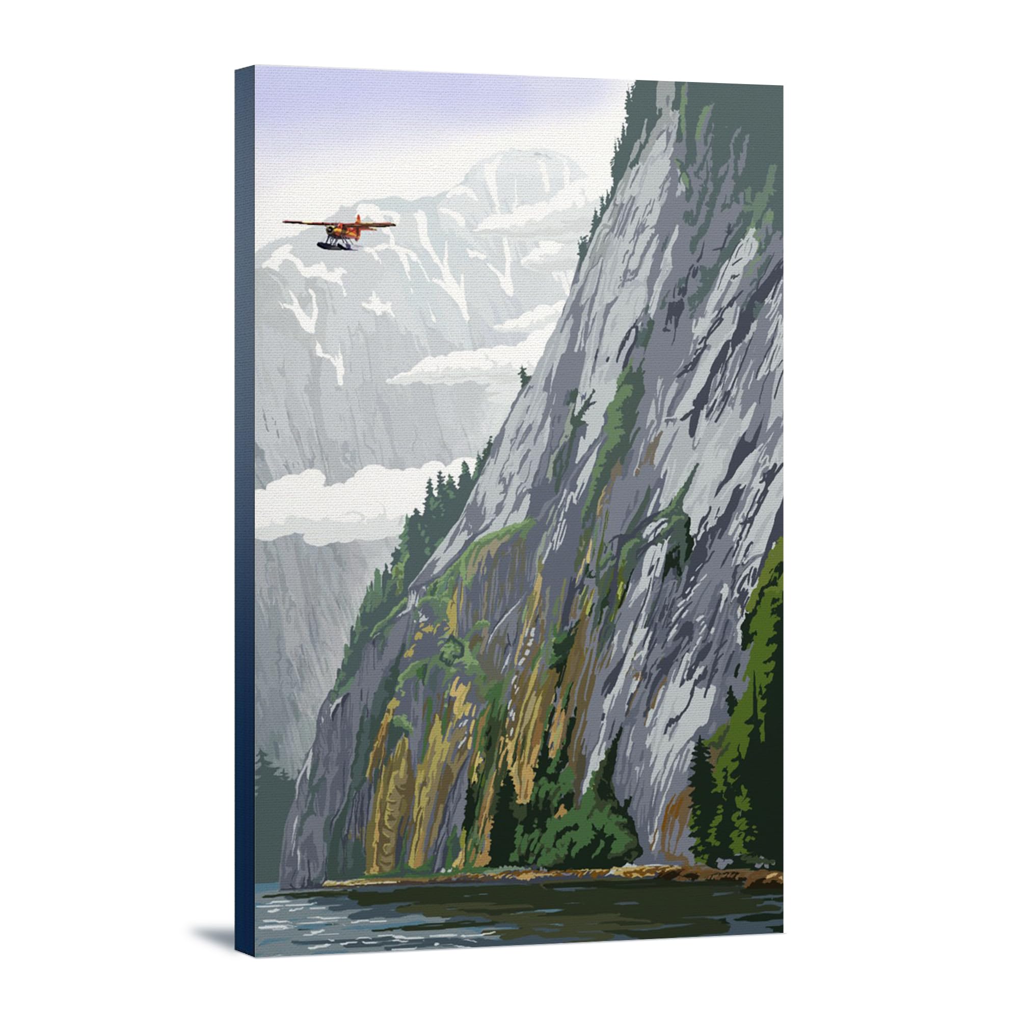 Misty Fjords and Float Plane Wall Art - 16x24 Wrapped Canvas Print for Home & Office Decor | Nature Landscape Painting for Living Room, Bedroom, or Gift