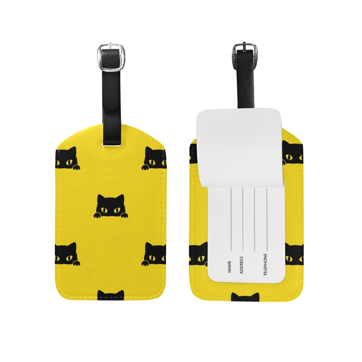 Black Kitten Yellow PU Leather Luggage Tag - Durable Pet ID Baggage Label for Travel Suitcases & Backpacks | Perfect for Airports, Business Trips & Vacation