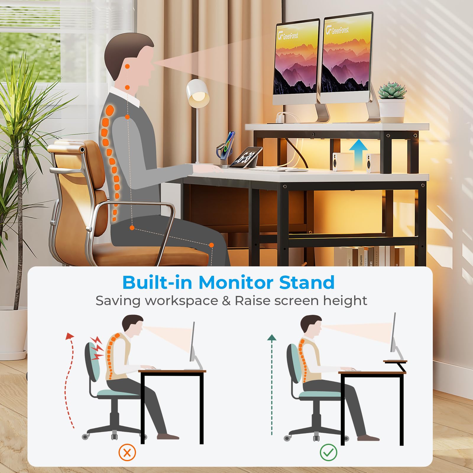 GreenForest 50 Inch Computer Desk with Monitor Stand, LED Lights & Power Outlets - Gaming & Office Desk with 2 Fabric Drawers & Shelves, White - Perfect for Home Office, Gaming Setup & Workspace Organization