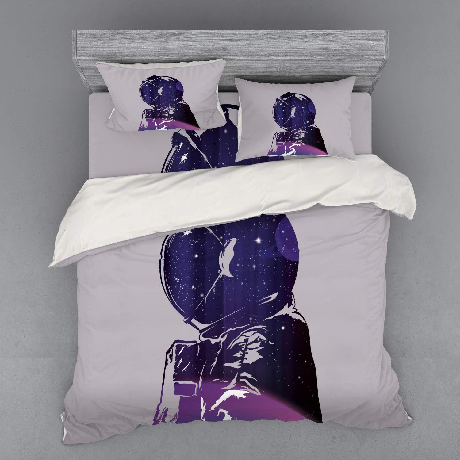 Ambesonne Outer Space Duvet Cover Set - Astronaut & Star Cluster Celestial Design, 4-Piece King Size Bedding Set with Pillow Shams & Fitted Sheet, Pink & Purple Galaxy Theme | Perfect for Space-Themed Bedrooms, Kids Rooms & Sci-Fi Decor