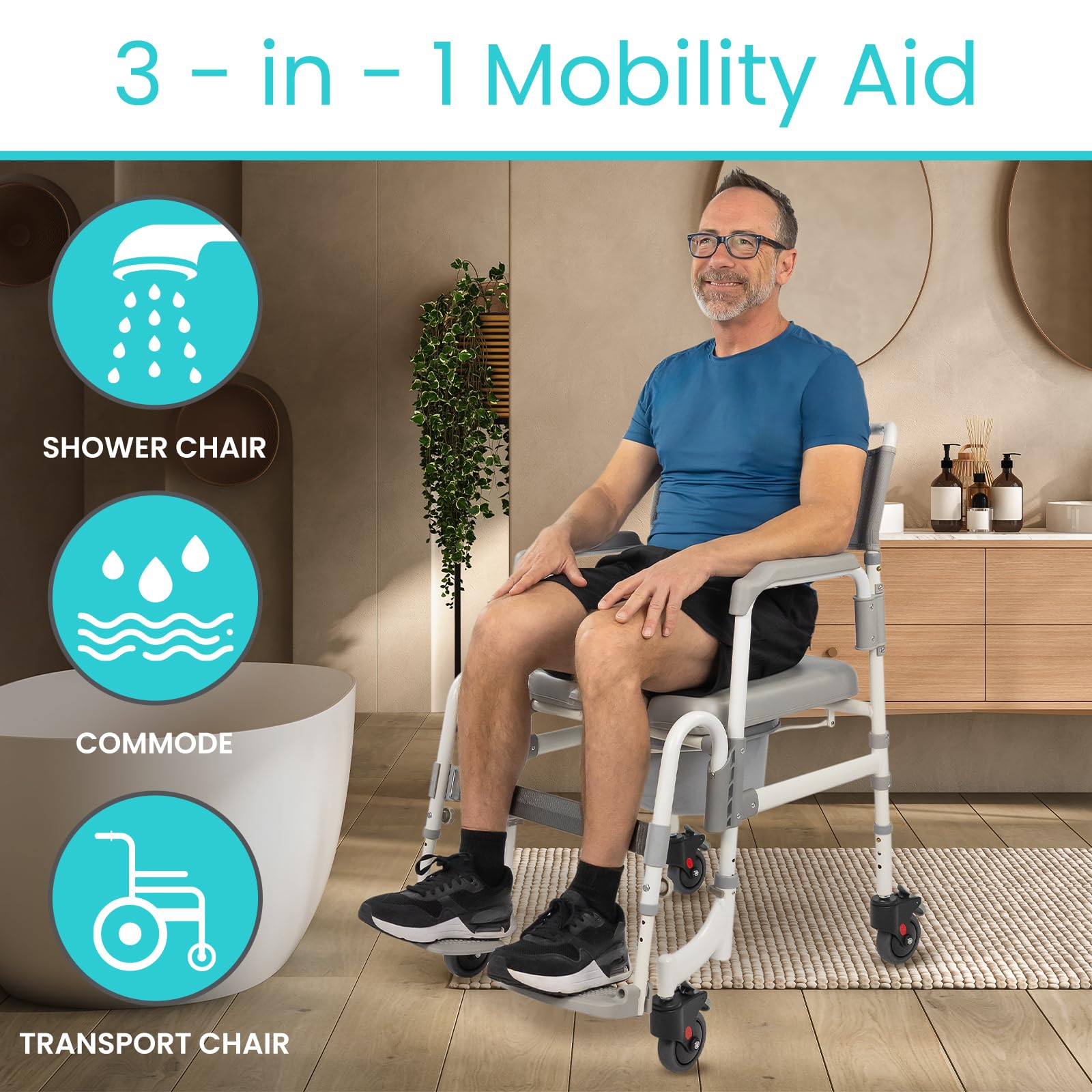Vive 3-in-1 Rolling Commode & Shower Chair with Wheels - Adjustable Height Transport Wheelchair for Bathroom & Bedside Use - Mobility Aid for Disabled Adults, Elderly & Seniors - FSA/HSA Eligible - Ideal for Home Care, Post-Surgery Recovery & Assisted Living Facilities